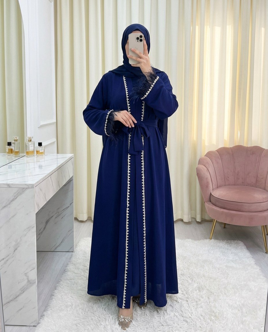 Kolu Tüylü Sıralı Taş Detaylı Kemerli Abaya -Saks