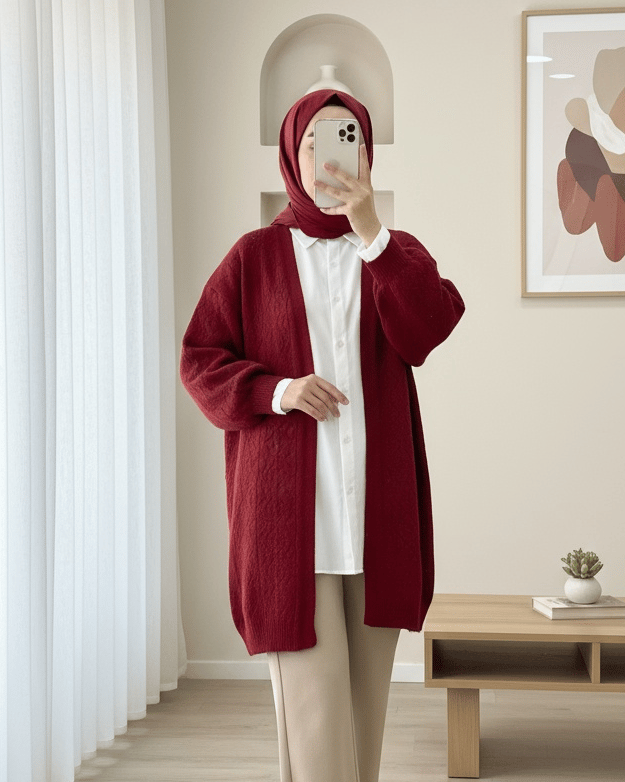 Kolu ve Önü Ajurlu Yumoş Hırka    -Kırmızı