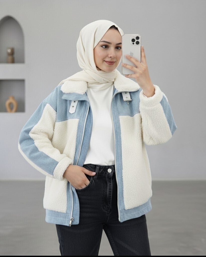 Kot Detaylı Astarlı Cepli Peluş Mont -Beyaz