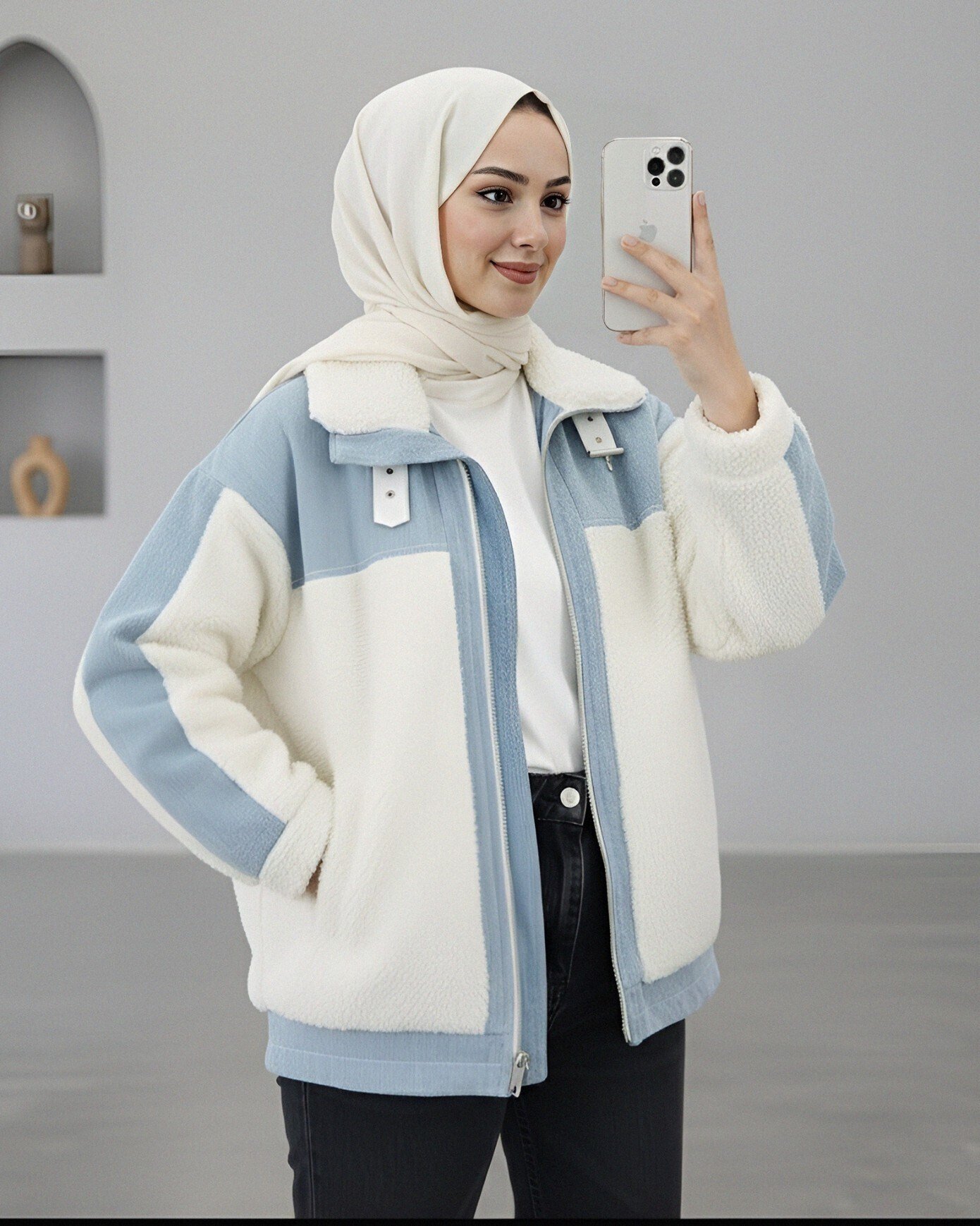 Kot Detaylı Astarlı Cepli Peluş Mont -Beyaz