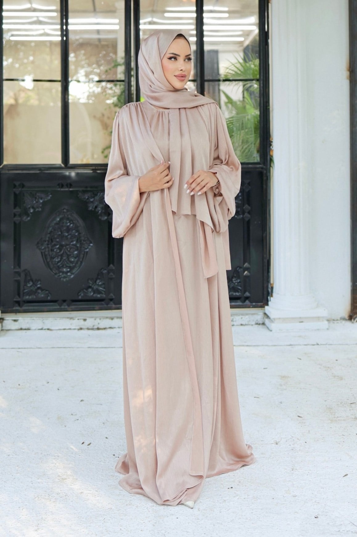 Krinkıl İpek Saten 3'lü Abaya Takım -Bej