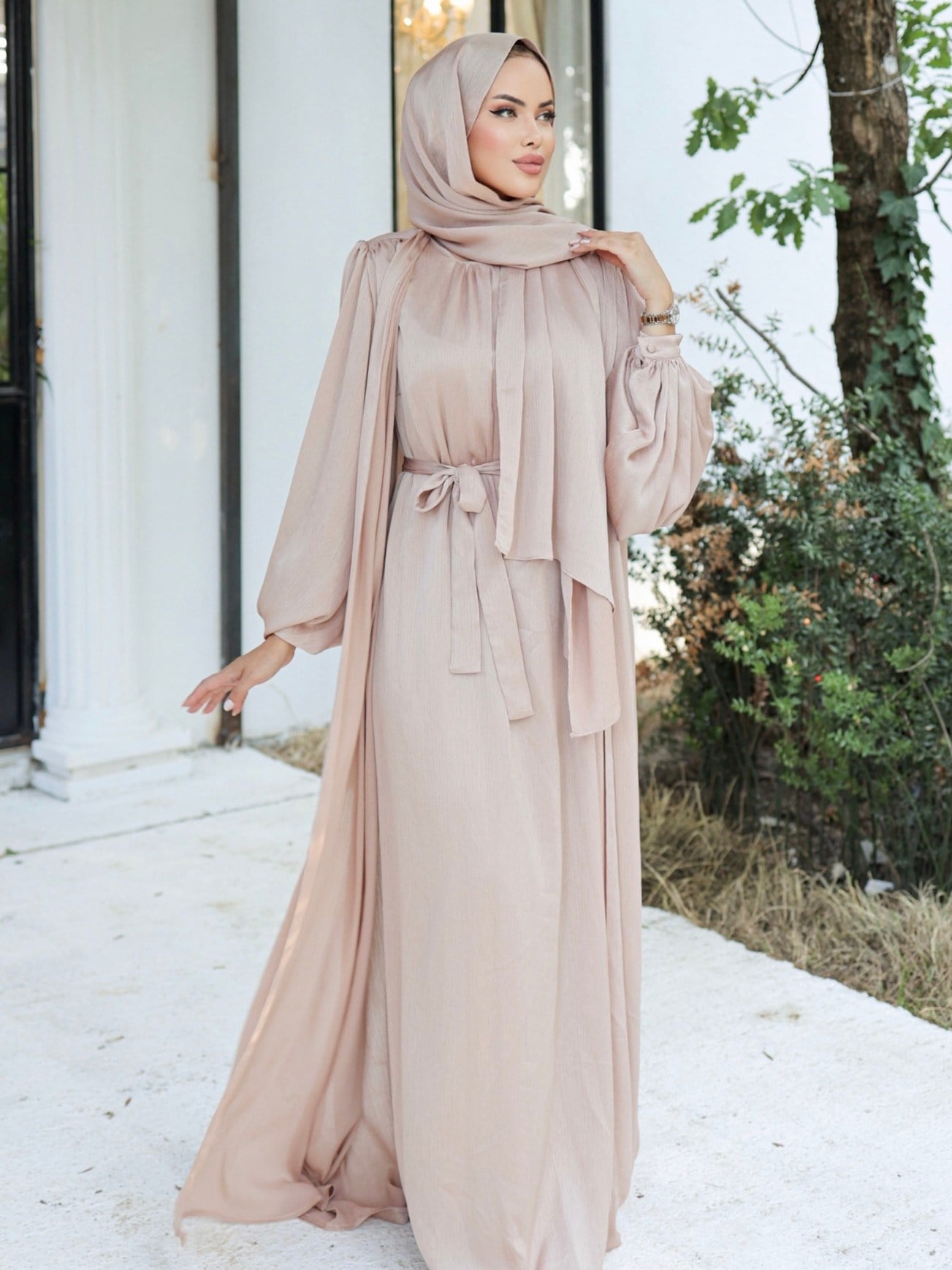 Krinkıl İpek Saten 3'lü Abaya Takım -Bej