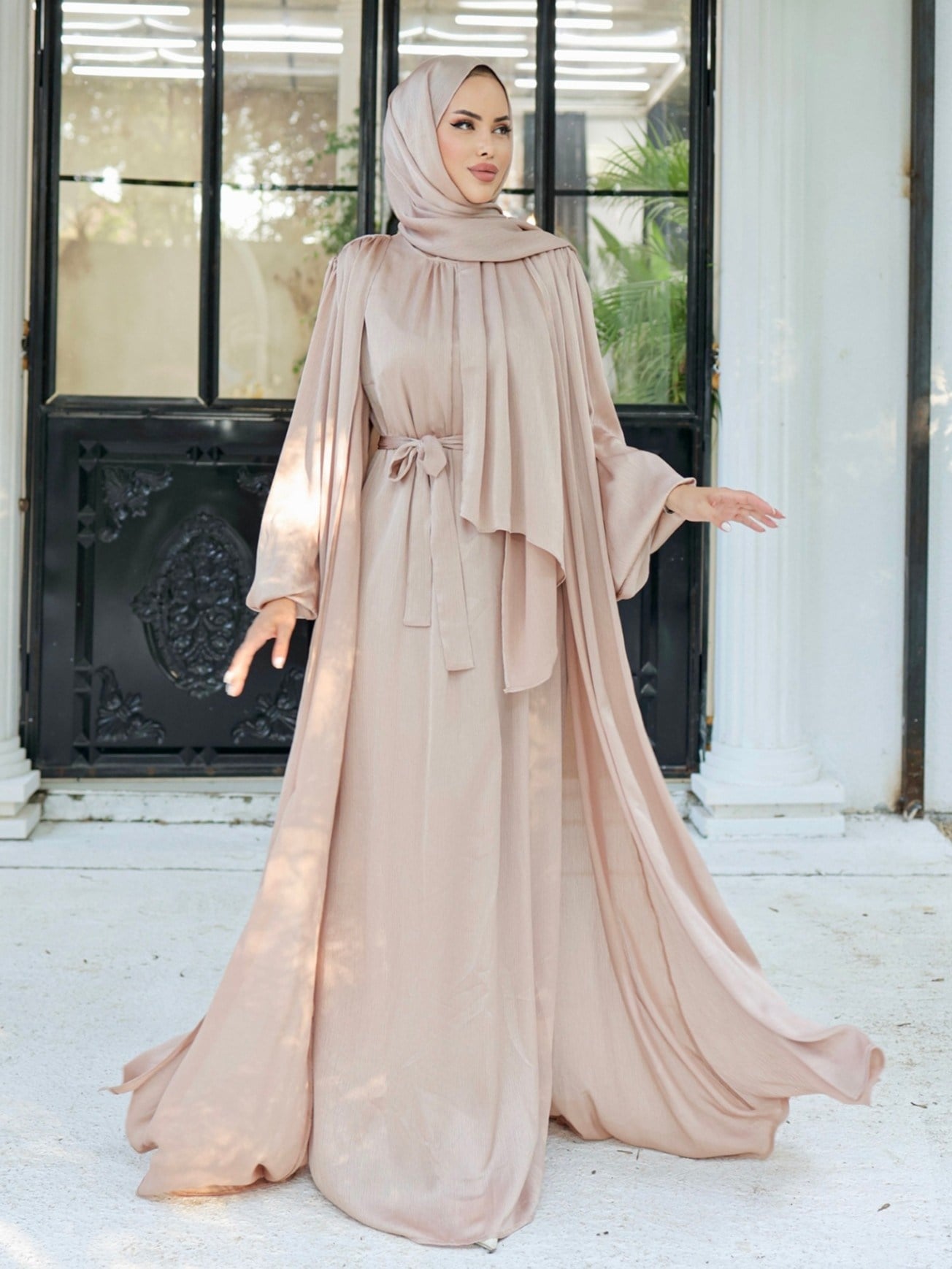 Krinkıl İpek Saten 3'lü Abaya Takım -Bej