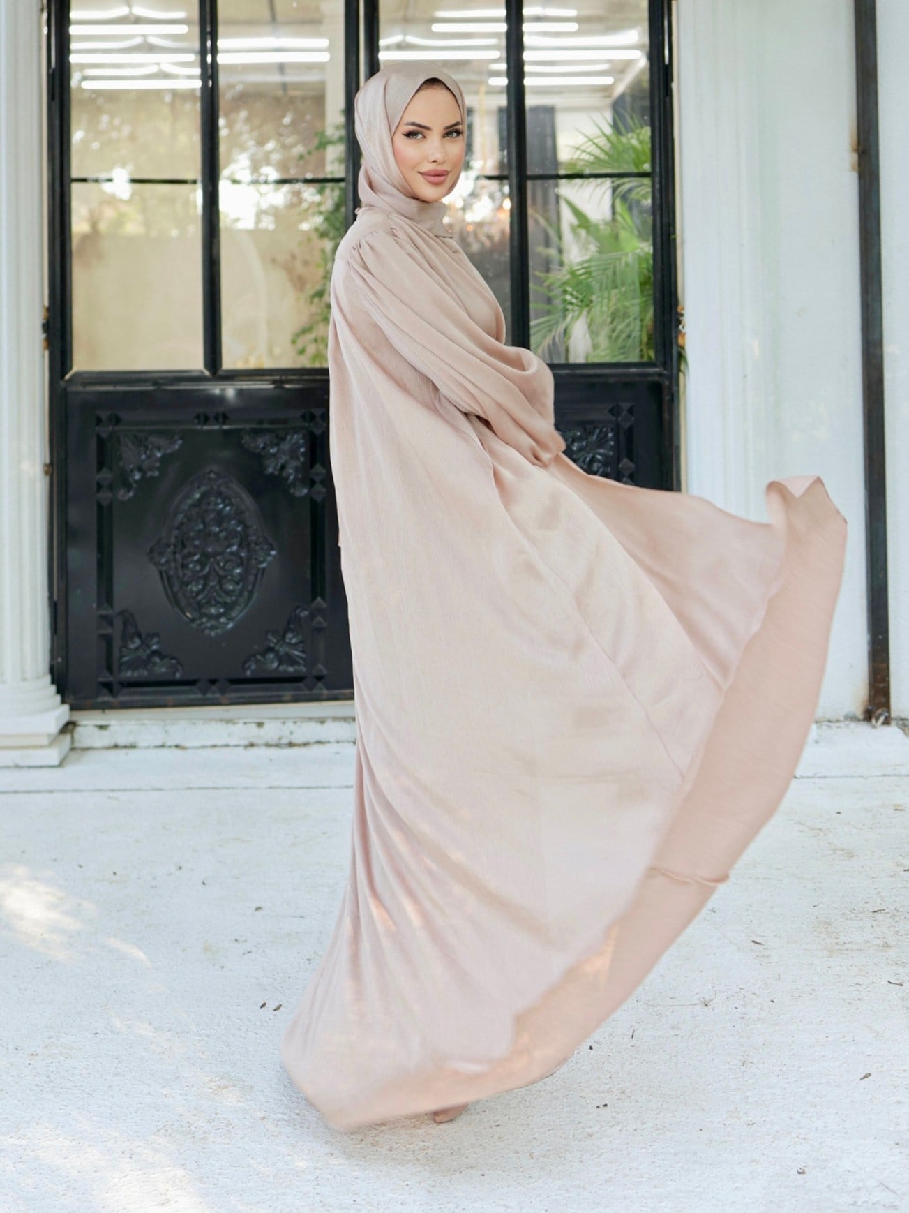 Krinkıl İpek Saten 3'lü Abaya Takım -Bej