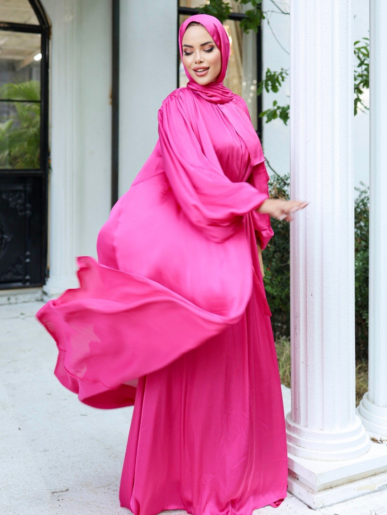 Krinkıl İpek Saten 3'lü Abaya Takım -Fuşya