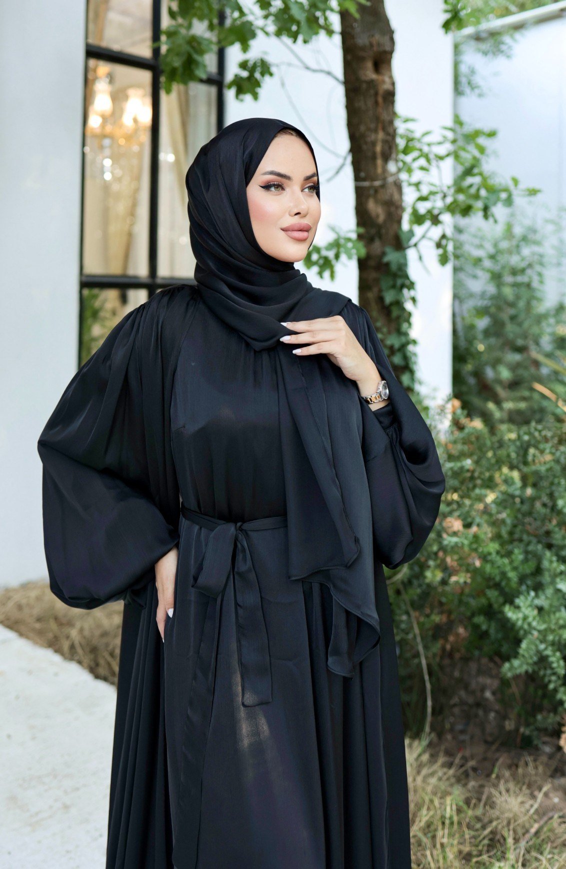 Krinkıl İpek Saten 3'lü Abaya Takım -Siyah