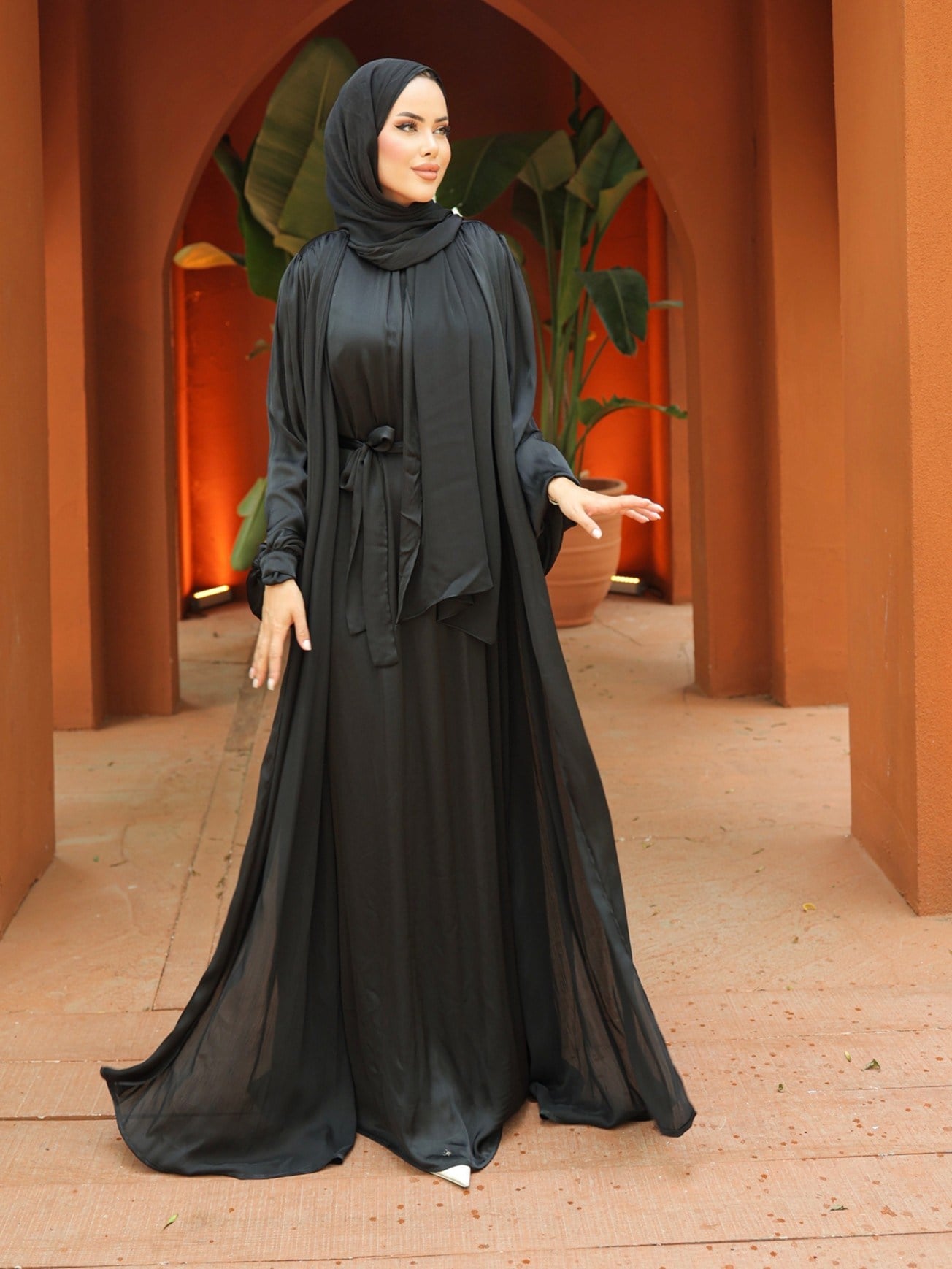 Krinkıl İpek Saten 3'lü Abaya Takım -Siyah
