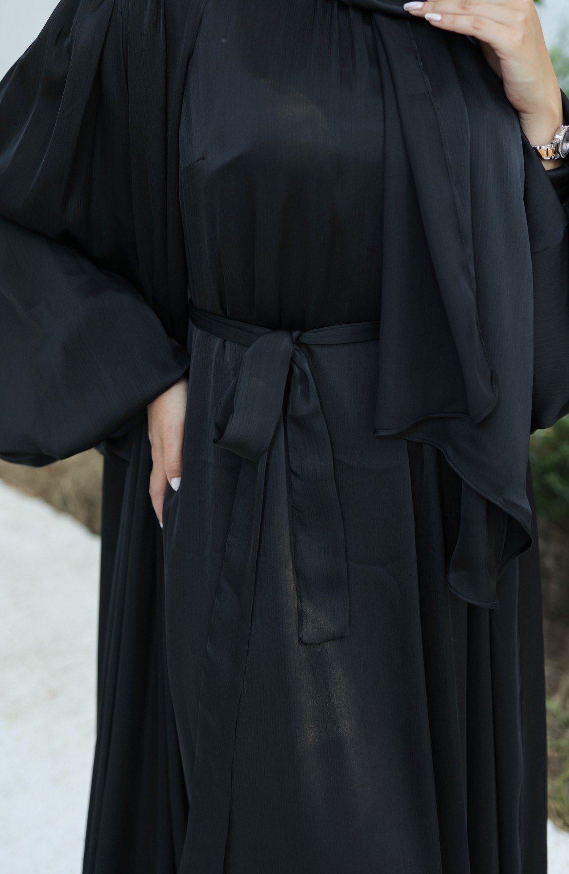 Krinkıl İpek Saten 3'lü Abaya Takım -Siyah