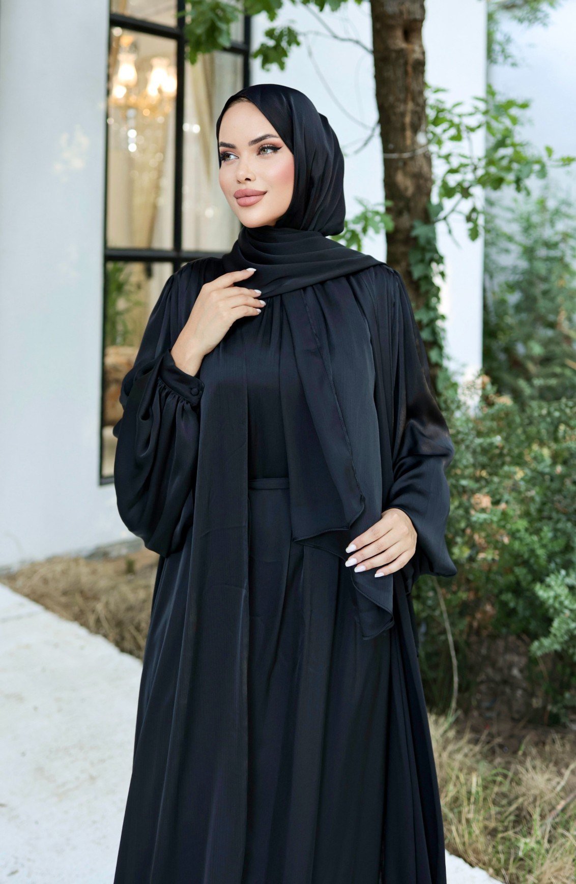 Krinkıl İpek Saten 3'lü Abaya Takım -Siyah
