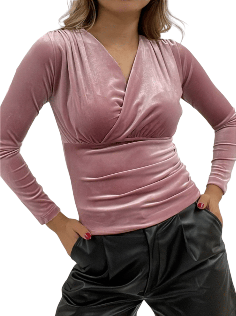 Kruvaze Model Kadife Bluz -Pudra