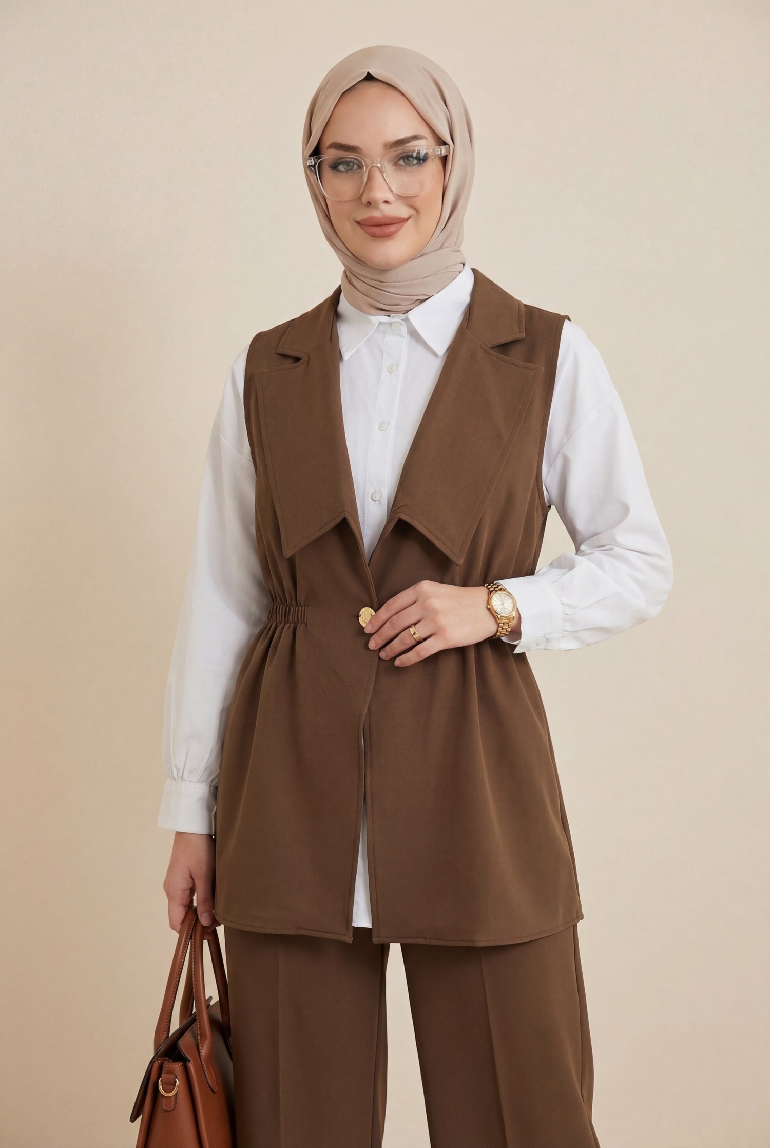 Kruvaze Yaka Beli Lastikli Yelek Pantolon Modal Takım -Kahve