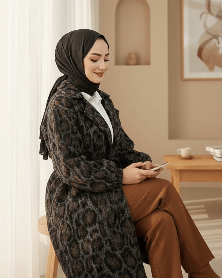 Kruvaze Yaka Kemerli Cepli Leopar Desen Kaşe Kap -Leopar