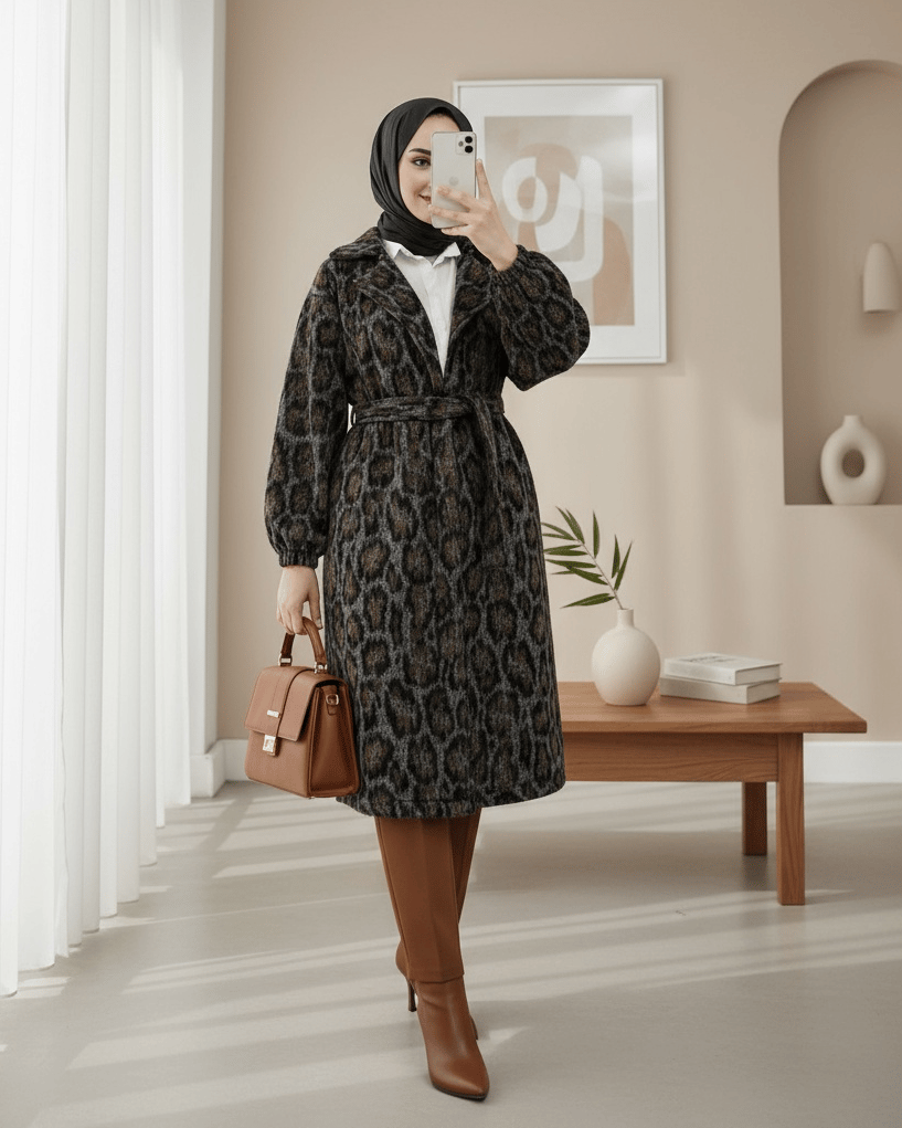 Kruvaze Yaka Kemerli Cepli Leopar Desen Kaşe Kap -Leopar