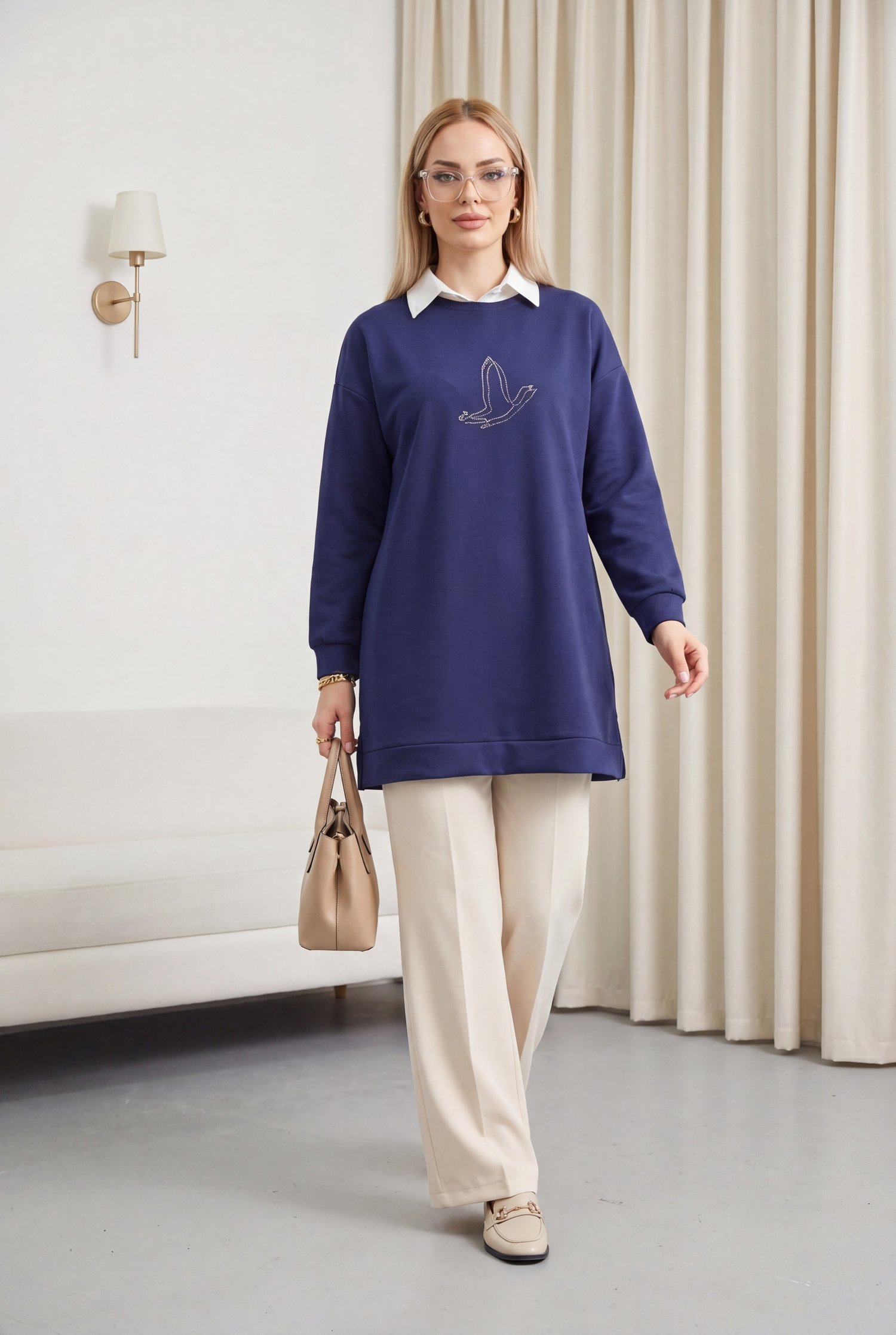 Kuş Desenli Taşlı Oysho Tunik   -Laci
