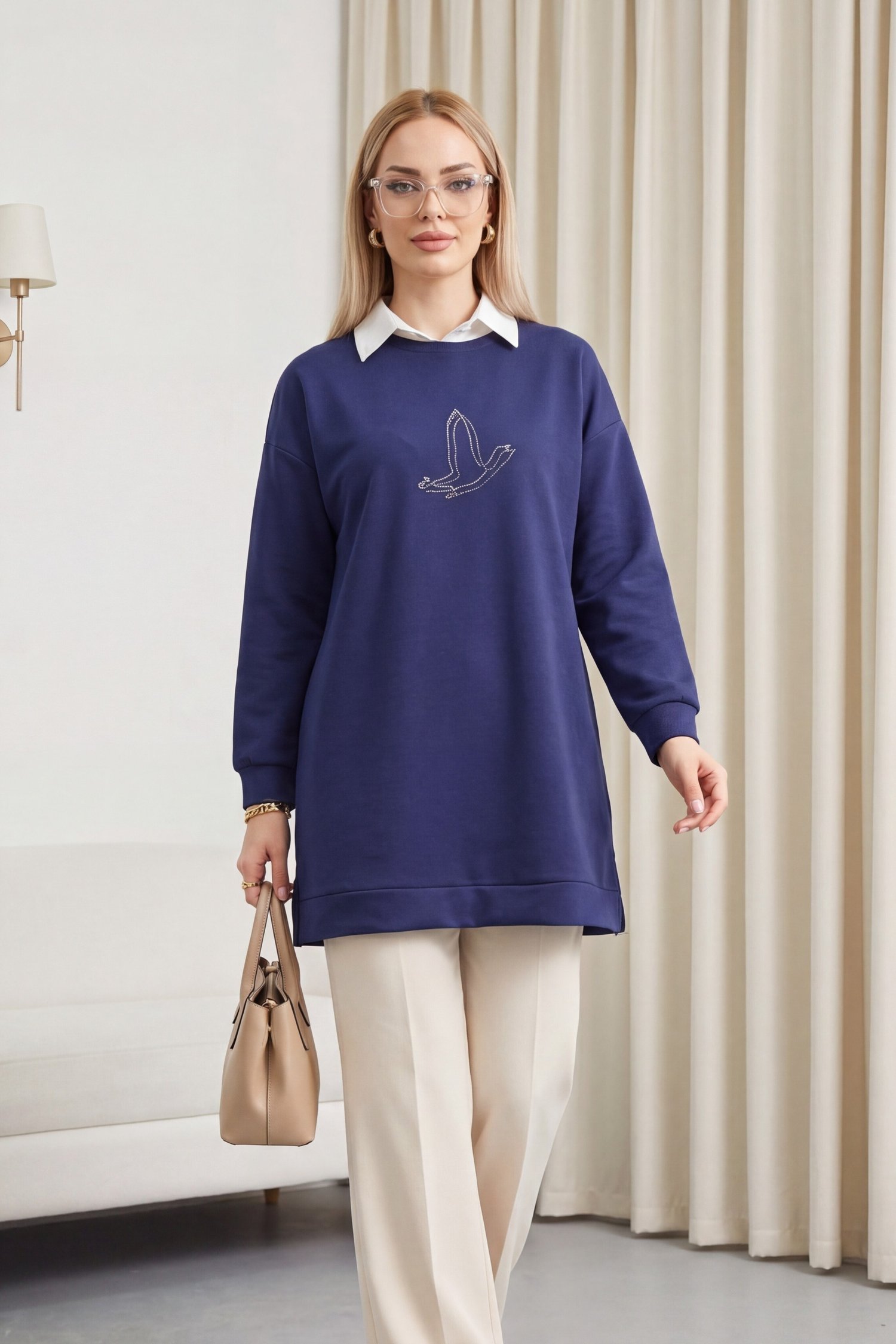 Kuş Desenli Taşlı Oysho Tunik   -Laci