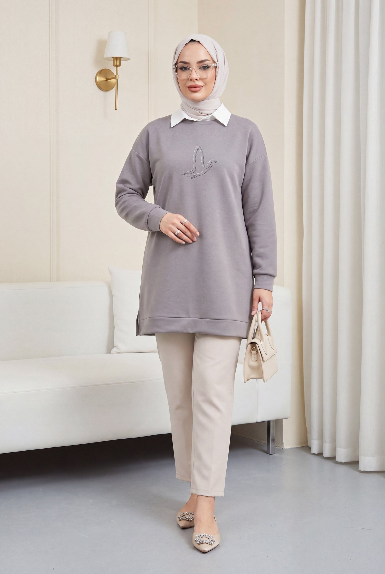 Kuş Desenli Taşlı Oysho Tunik  -Açık Gri
