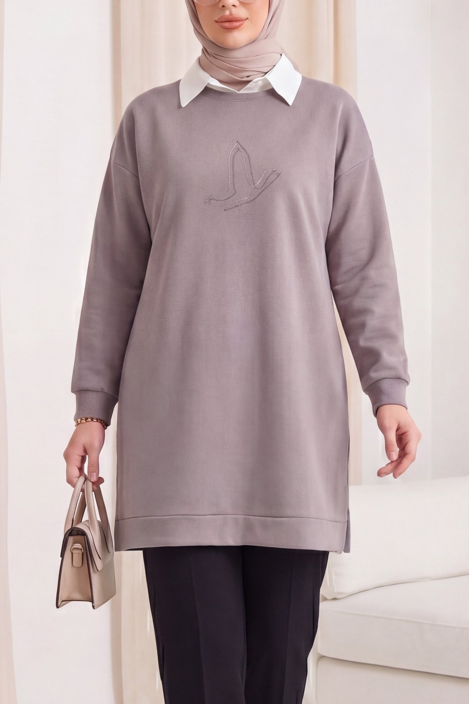 Kuş Desenli Taşlı Oysho Tunik  -Açık Gri