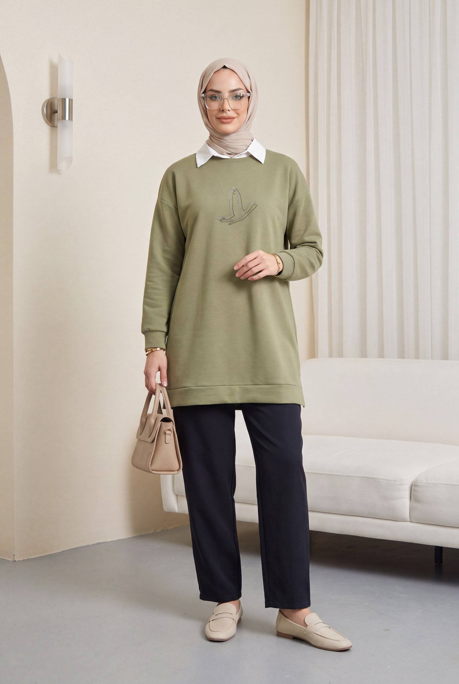 Kuş Desenli Taşlı Oysho Tunik  -Haki