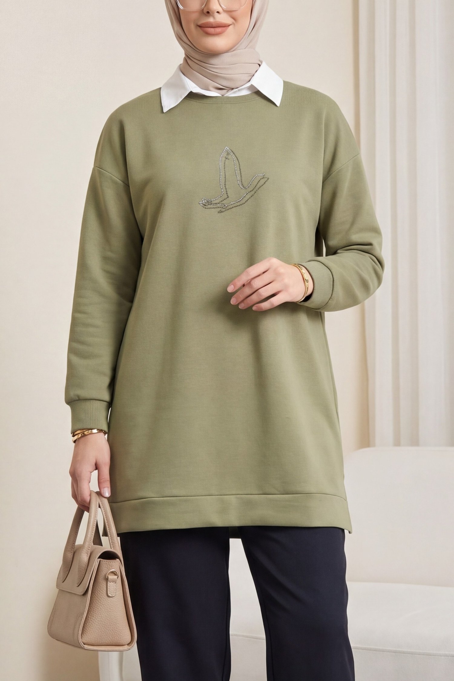 Kuş Desenli Taşlı Oysho Tunik  -Haki