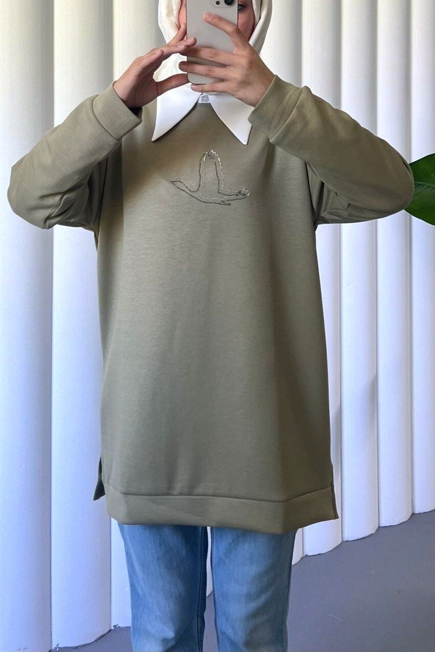 Kuş Desenli Taşlı Oysho Tunik  -Haki