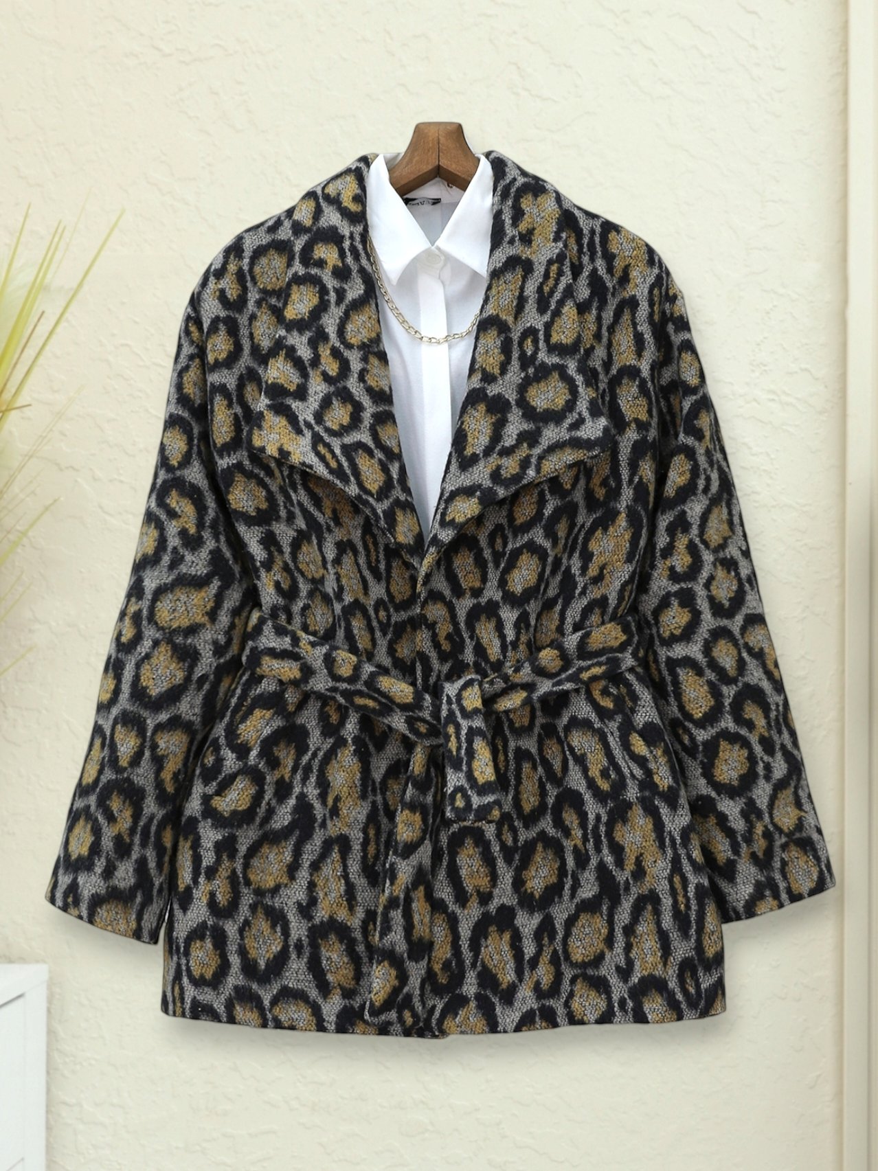 Leopar Desenli Astarlı Beli Bağlamalı Kaşe Ceket  -Gri