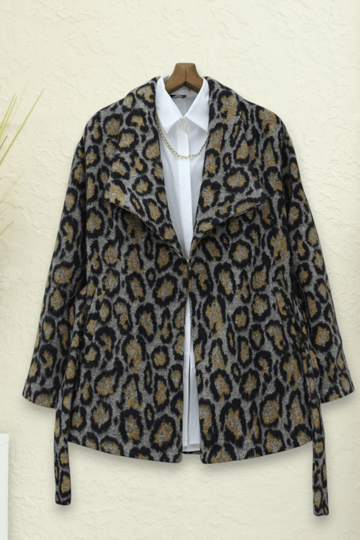 Leopar Desenli Astarlı Beli Bağlamalı Kaşe Ceket  -Gri