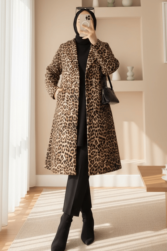 Leopar Desenli Kemerli Cepli Astarlı Kaşe Kap -Leopar