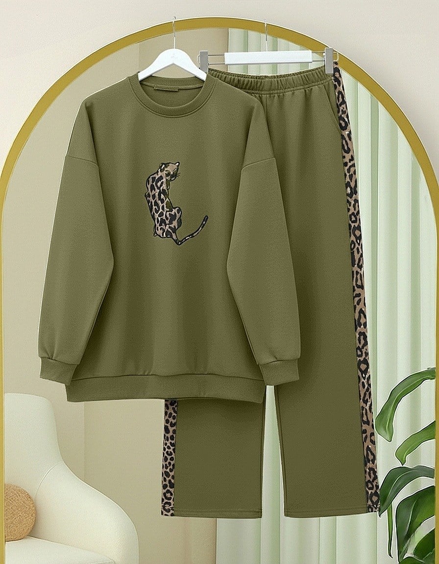 Leopar Figürlü Ve Desenli Pantolonlu Scuba Takım  -Zeytin