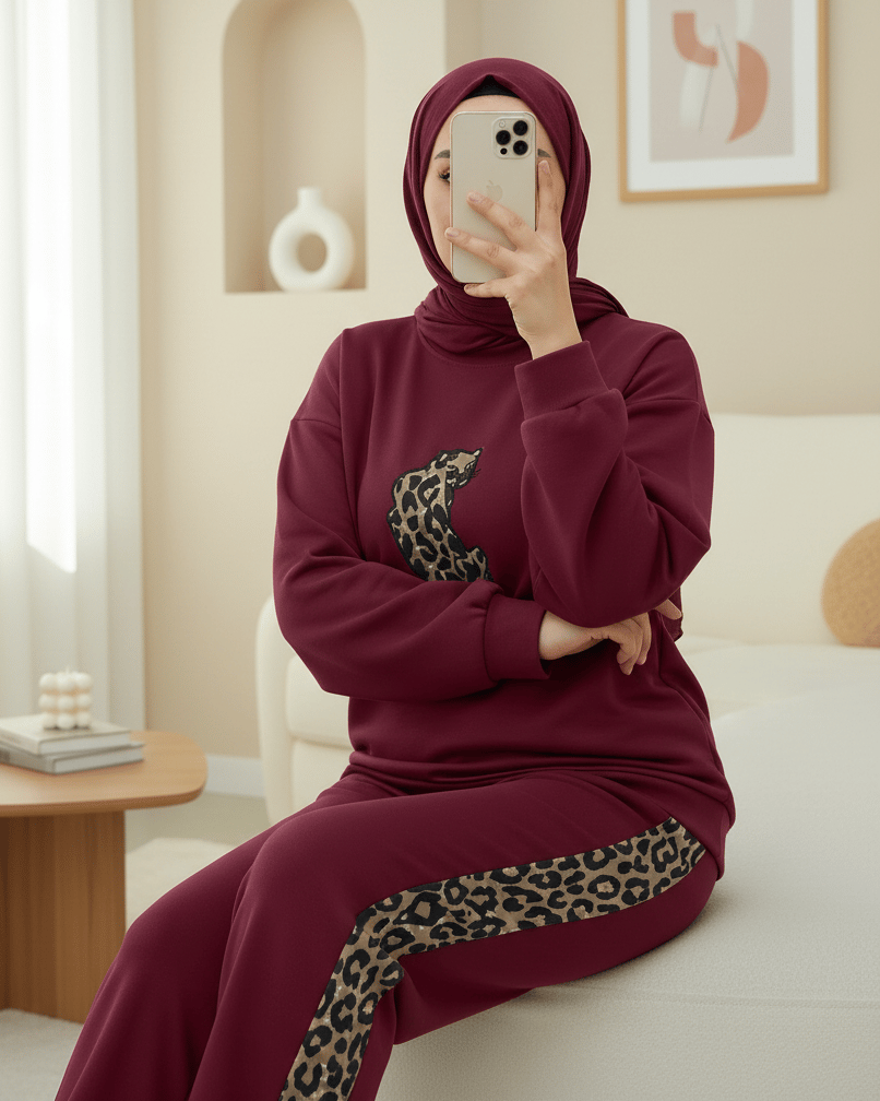 Leopar Figürlü Ve Desenli Pantolonlu Scuba Takım  -Bordo
