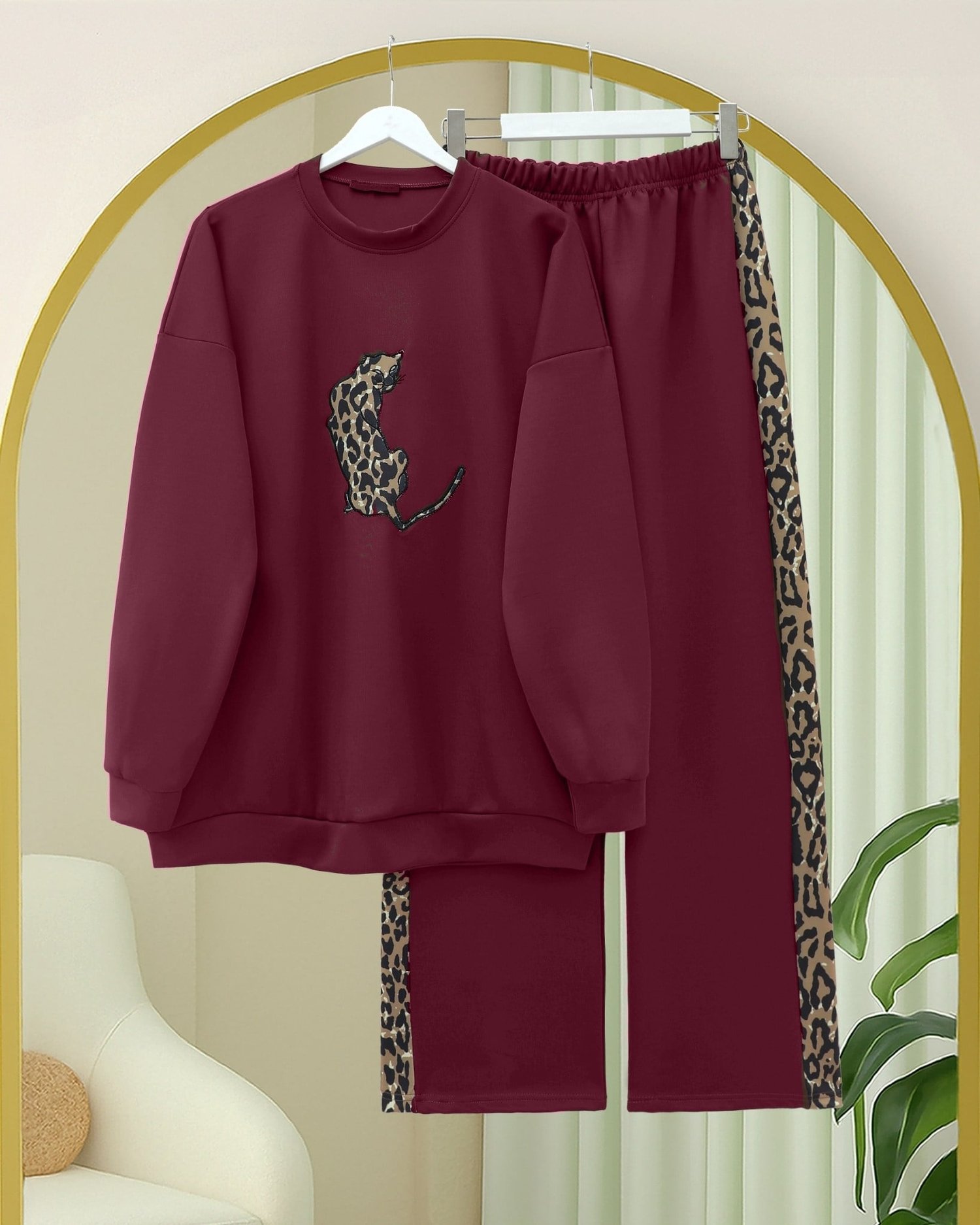 Leopar Figürlü Ve Desenli Pantolonlu Scuba Takım  -Bordo