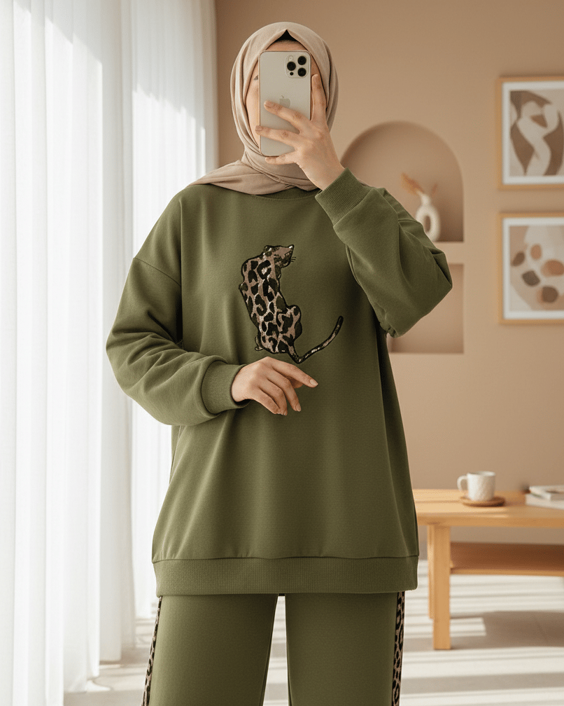 Leopar Figürlü Ve Desenli Pantolonlu Scuba Takım  -Zeytin