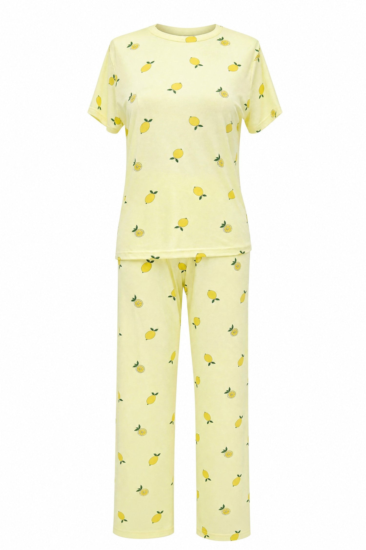 Limon Desenli Bisiklet Yaka Kısa Kol Penye Pijama Takımı -Sarı