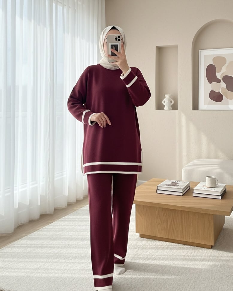 Manşetleri Şeritli İkili Triko Takım   -Bordo