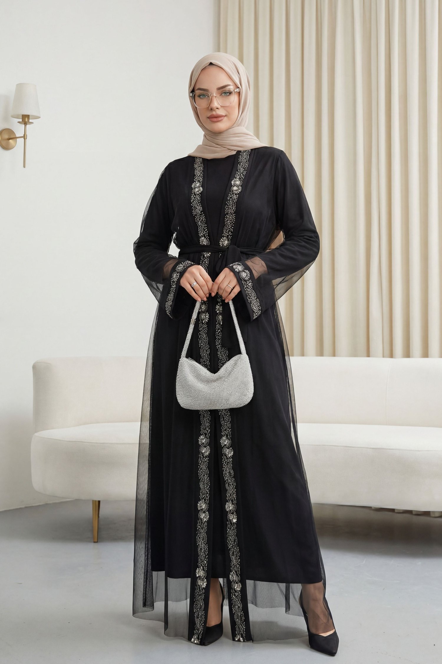 Manşetleri Taş İşlemeli Kemerli İkili Abaya Takım -Siyah