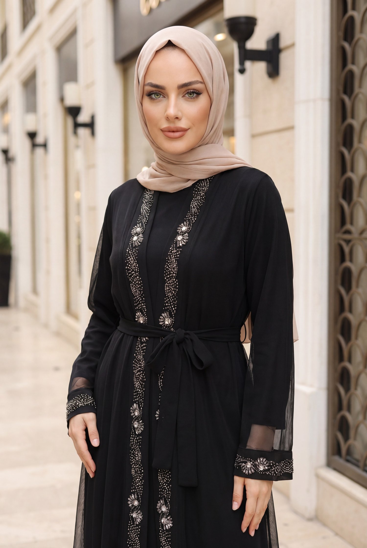 Manşetleri Taş İşlemeli Kemerli İkili Abaya Takım -Siyah