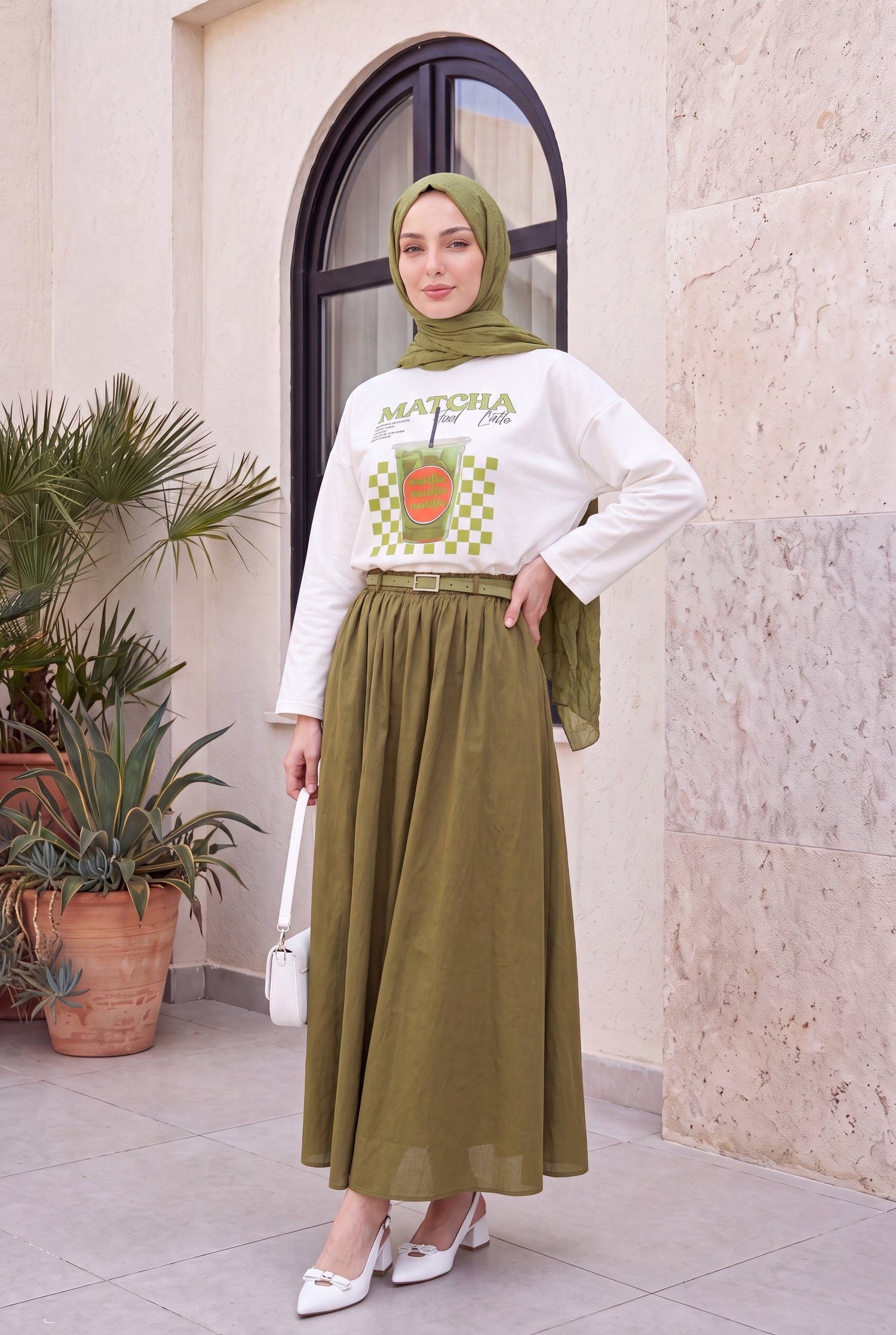 Matcha Baskılı Bisiklet Yaka Oversize 2 İplik Penye Sweatshirt -Ekru