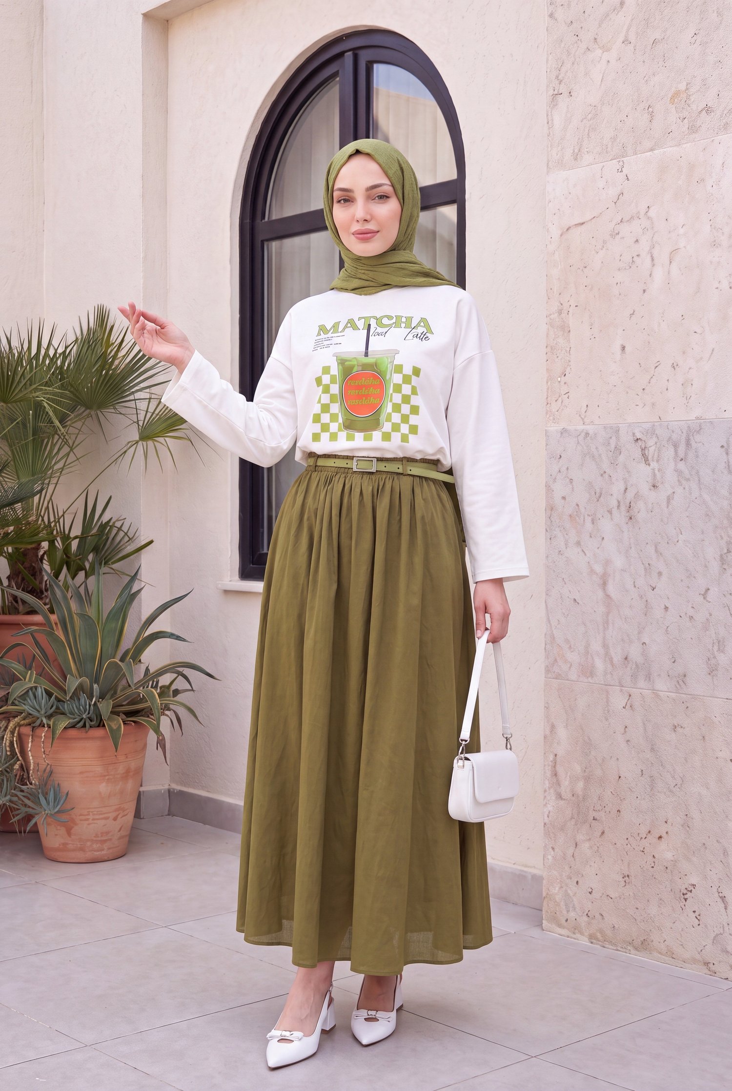 Matcha Baskılı Bisiklet Yaka Oversize 2 İplik Penye Sweatshirt -Ekru
