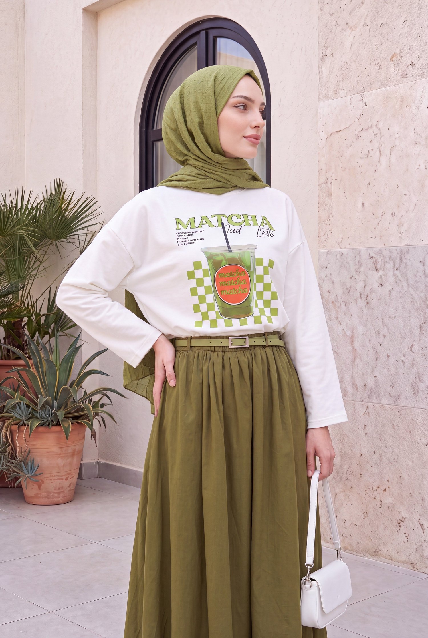 Matcha Baskılı Bisiklet Yaka Oversize 2 İplik Penye Sweatshirt -Ekru