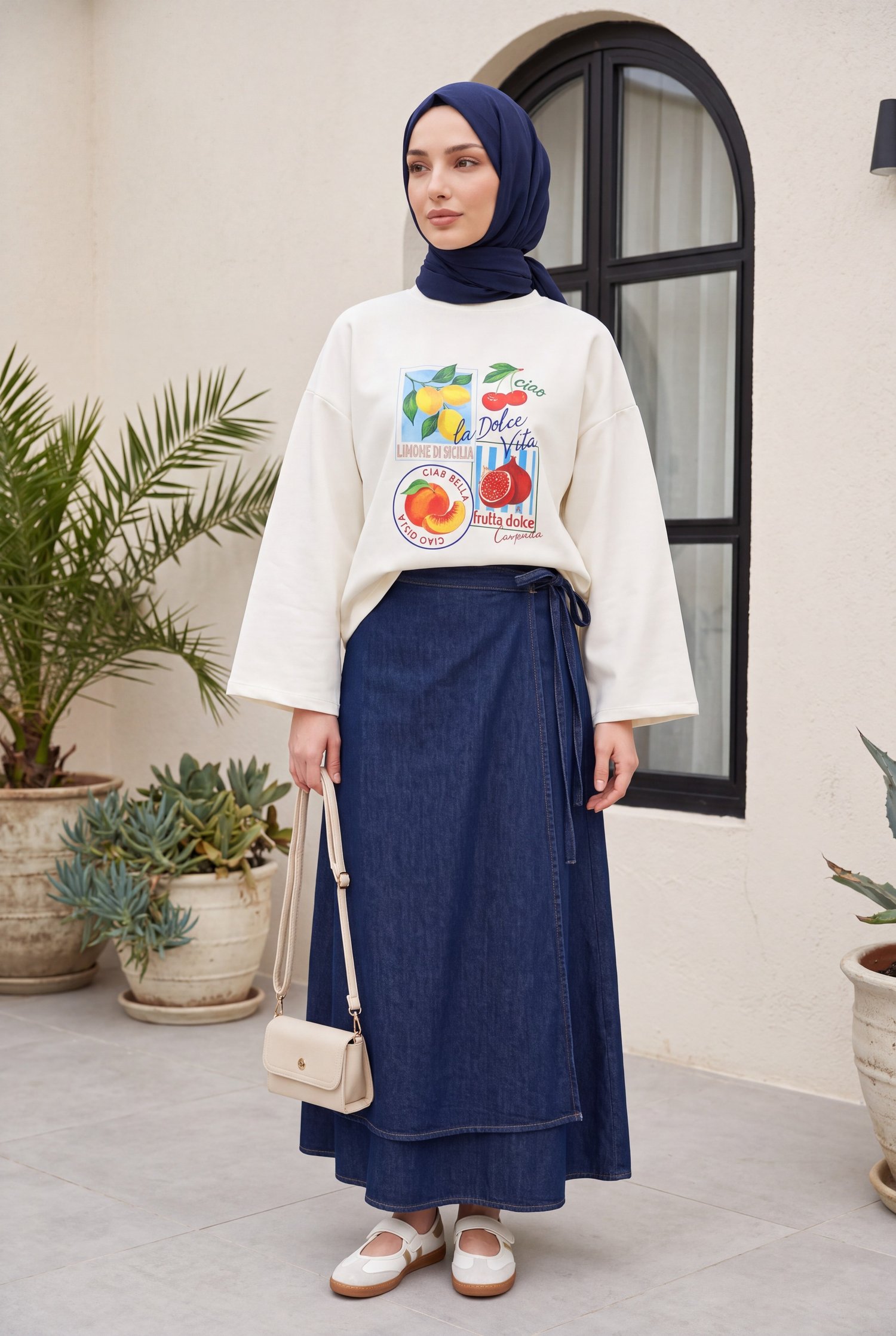 Meyve Baskılı Bisiklet Yaka Oversize 2 İplik Penye Sweatshirt -Sarı