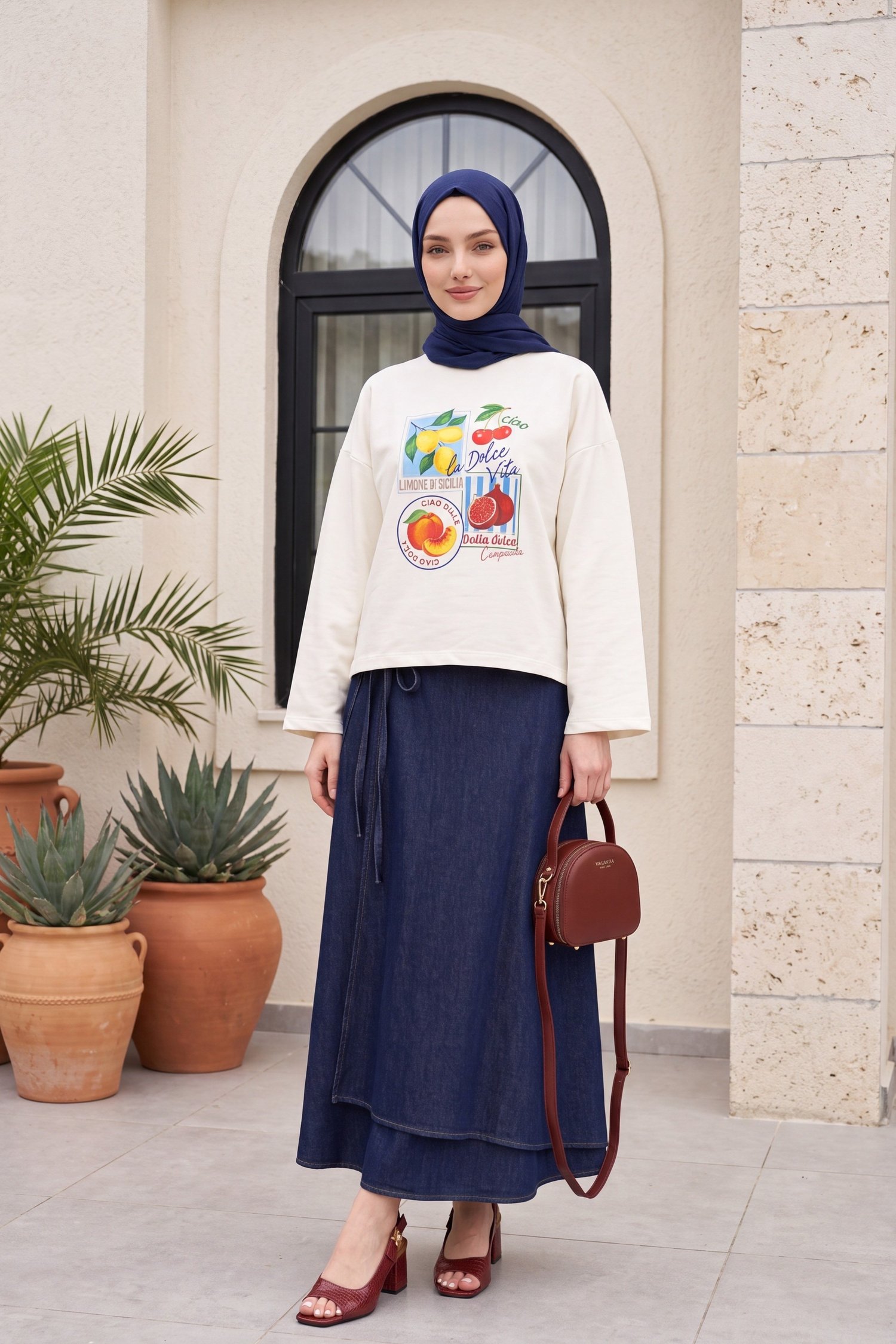 Meyve Baskılı Bisiklet Yaka Oversize 2 İplik Penye Sweatshirt -Sarı