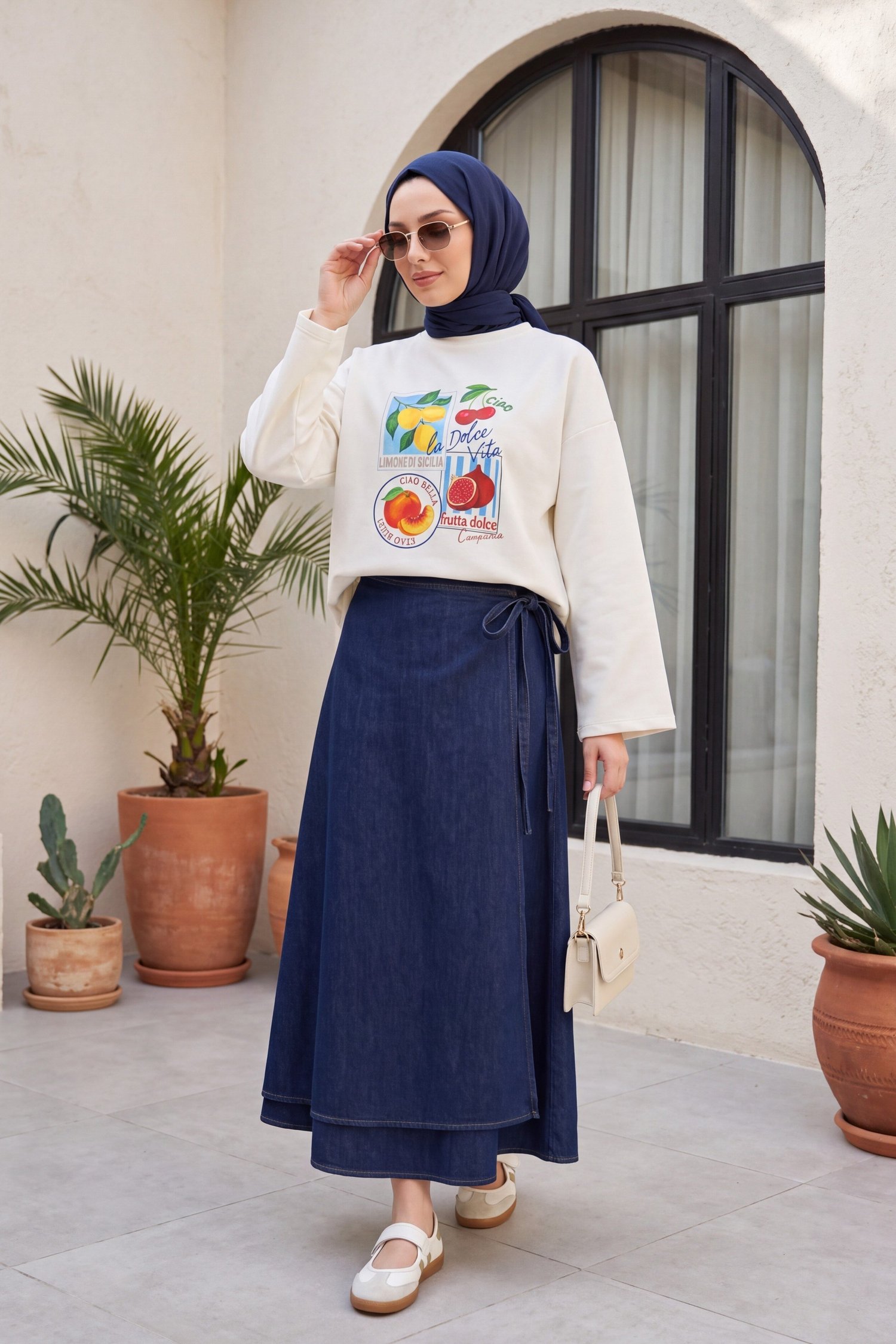 Meyve Baskılı Bisiklet Yaka Oversize 2 İplik Penye Sweatshirt -Sarı
