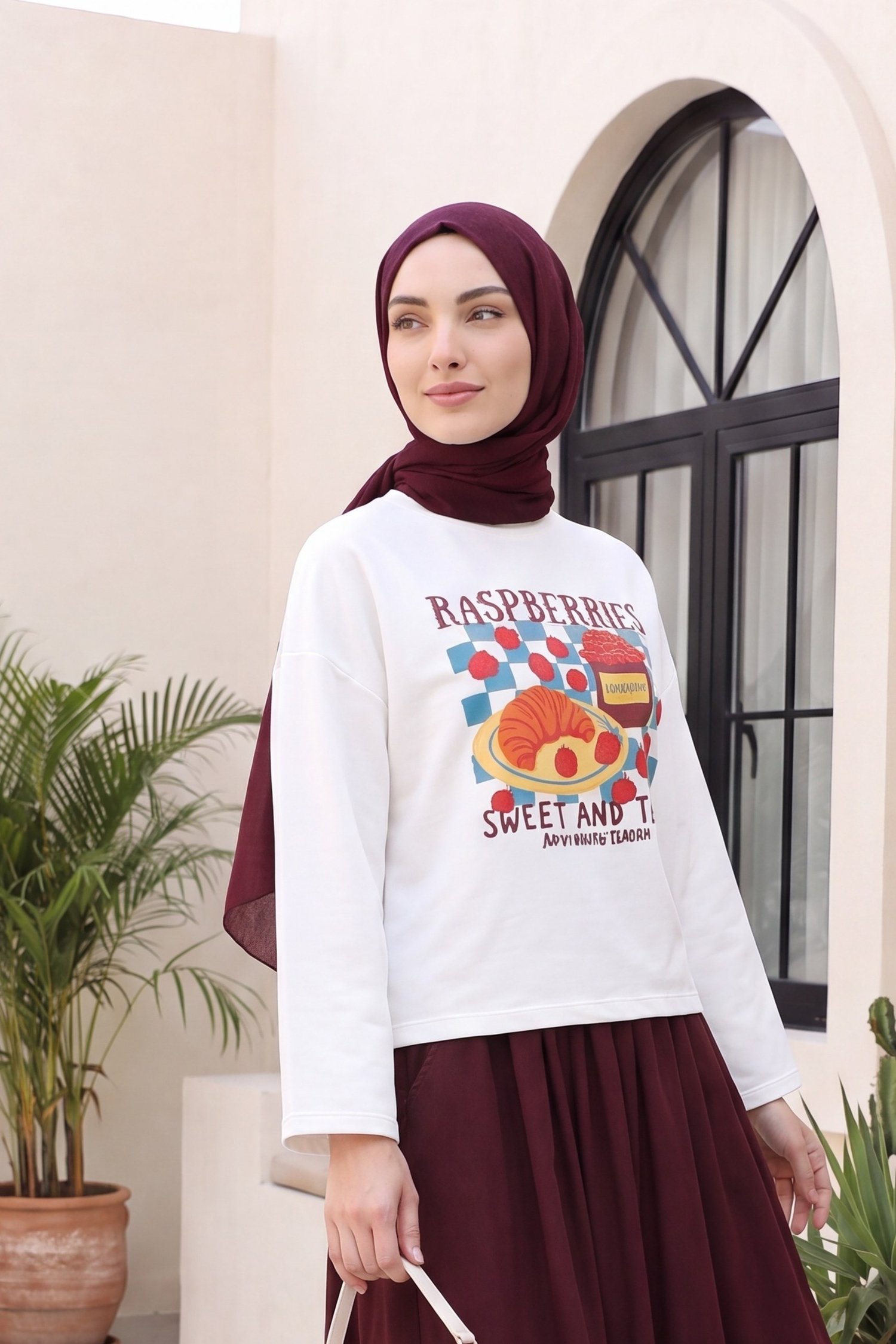 Meyve Baskılı Bisiklet Yaka Oversize 2 İplik Penye Sweatshirt -Bordo