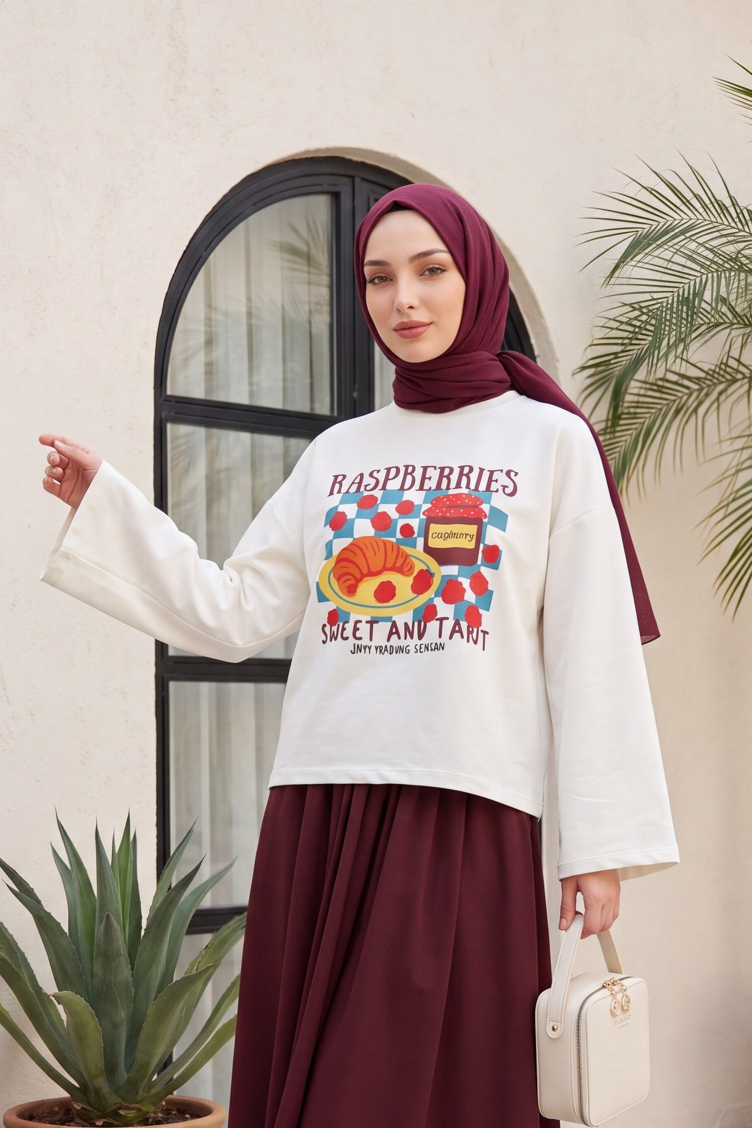 Meyve Baskılı Bisiklet Yaka Oversize 2 İplik Penye Sweatshirt -Bordo