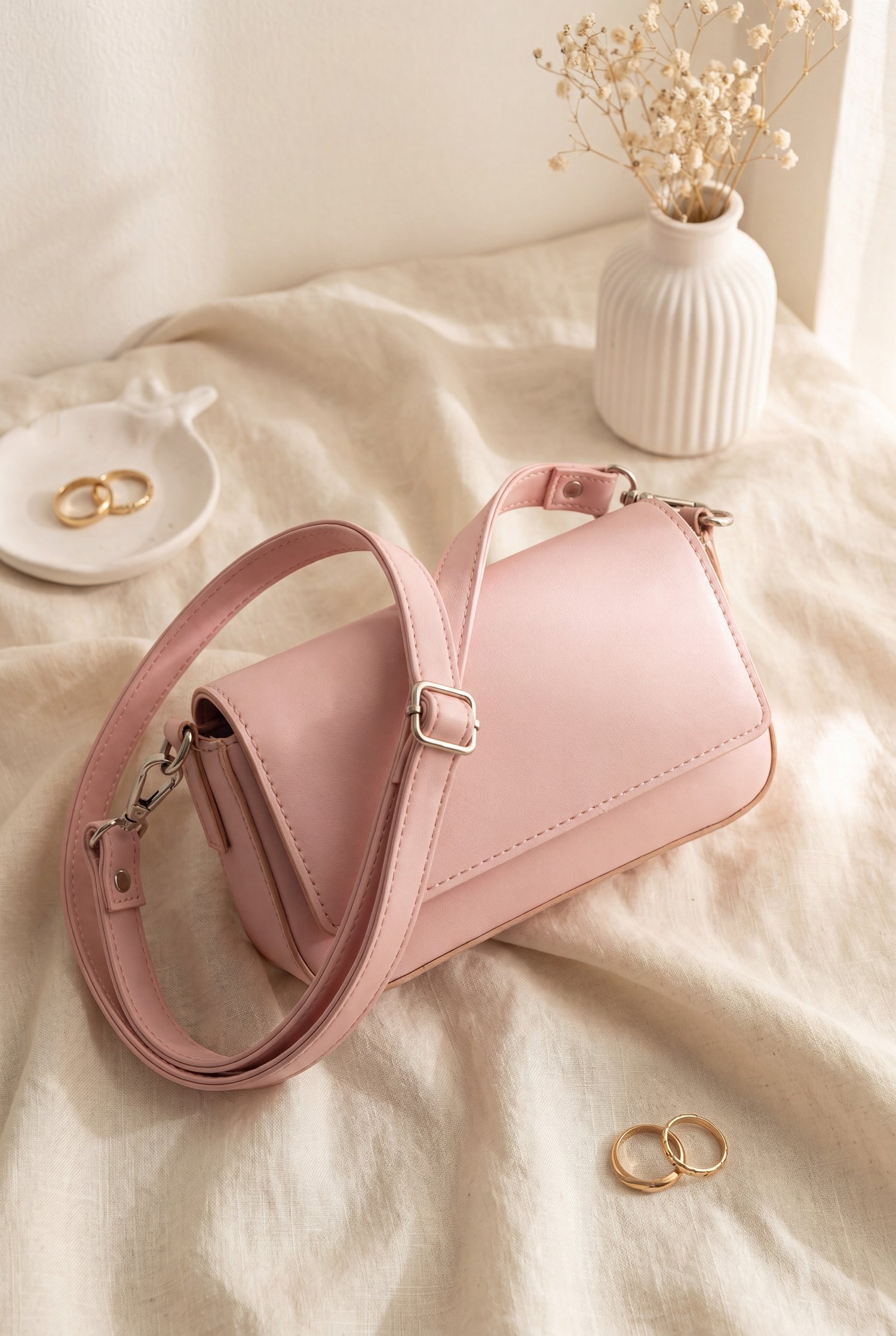 Minimalist Mıknatıslı Kapaklı Askılı Çapraz Çanta  -Pembe