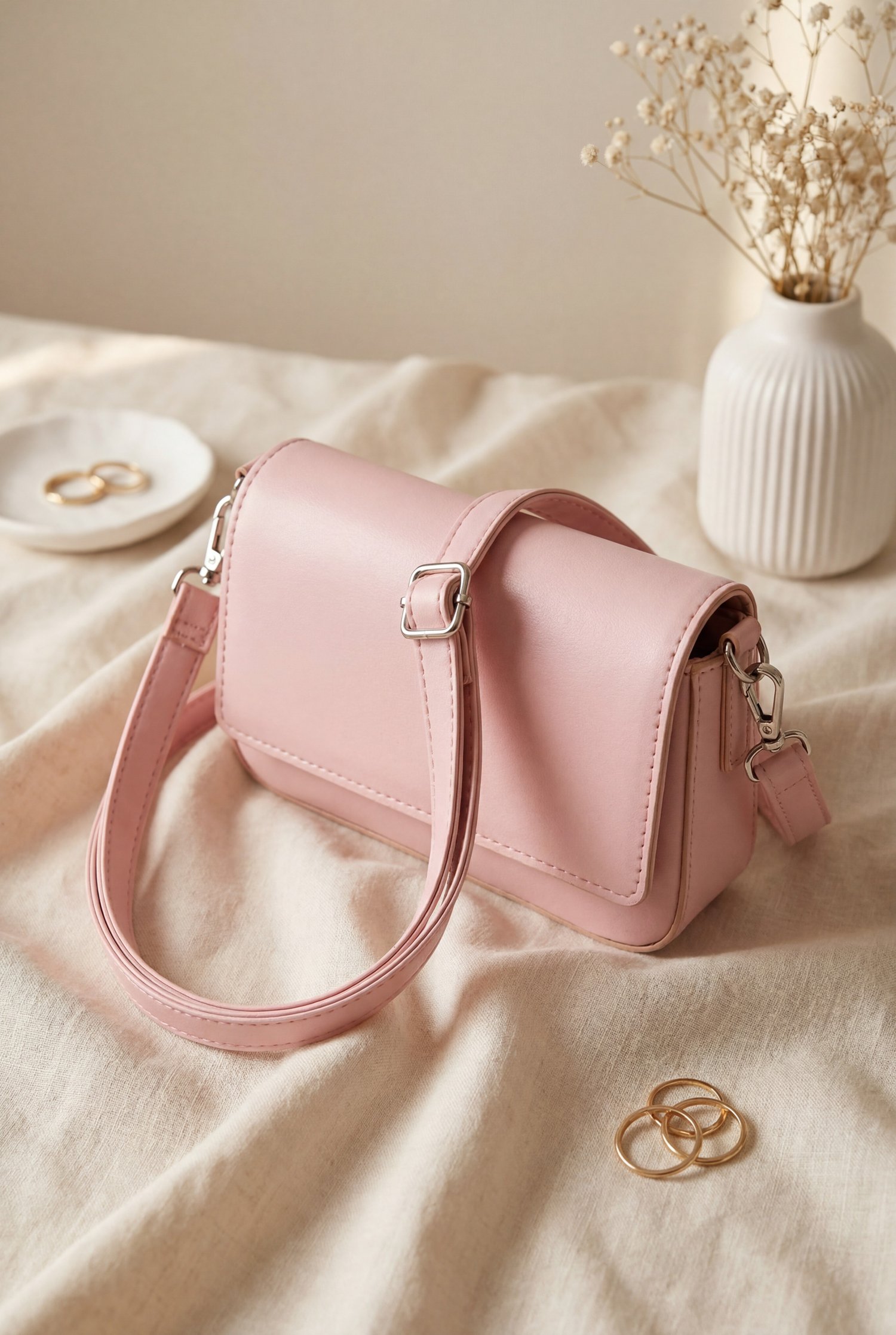 Minimalist Mıknatıslı Kapaklı Askılı Çapraz Çanta  -Pembe