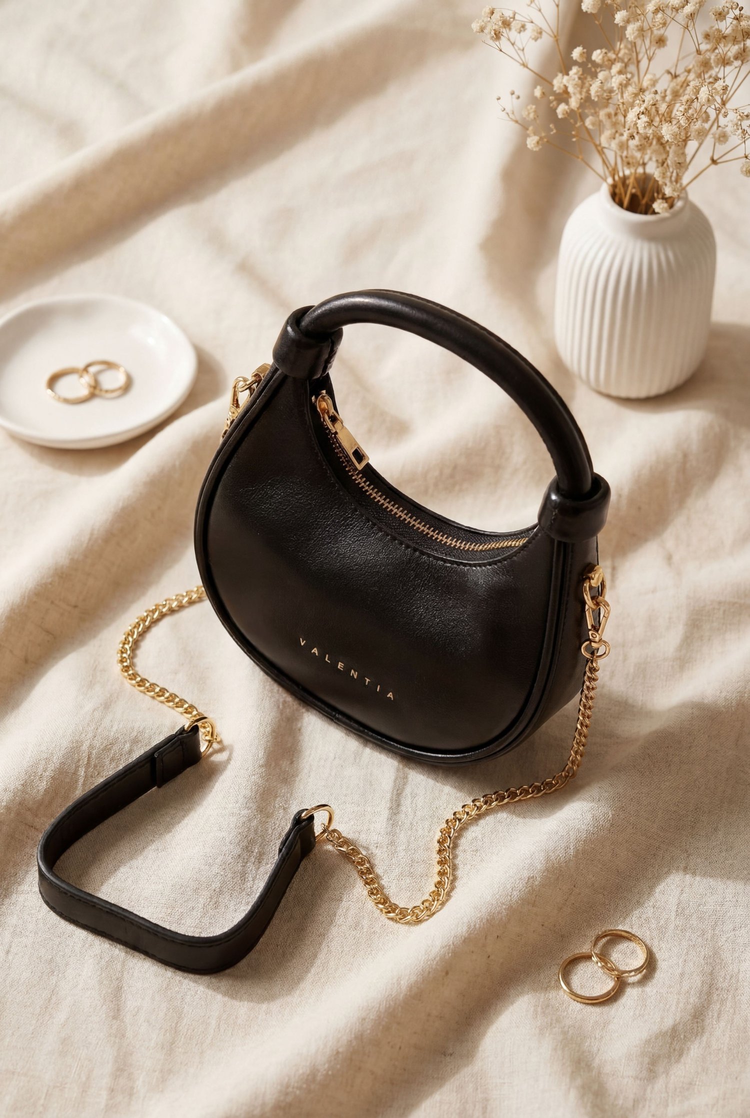Modern Tasarım Boğumlu Saplı Askılı Mini Hobo Çanta -Siyah