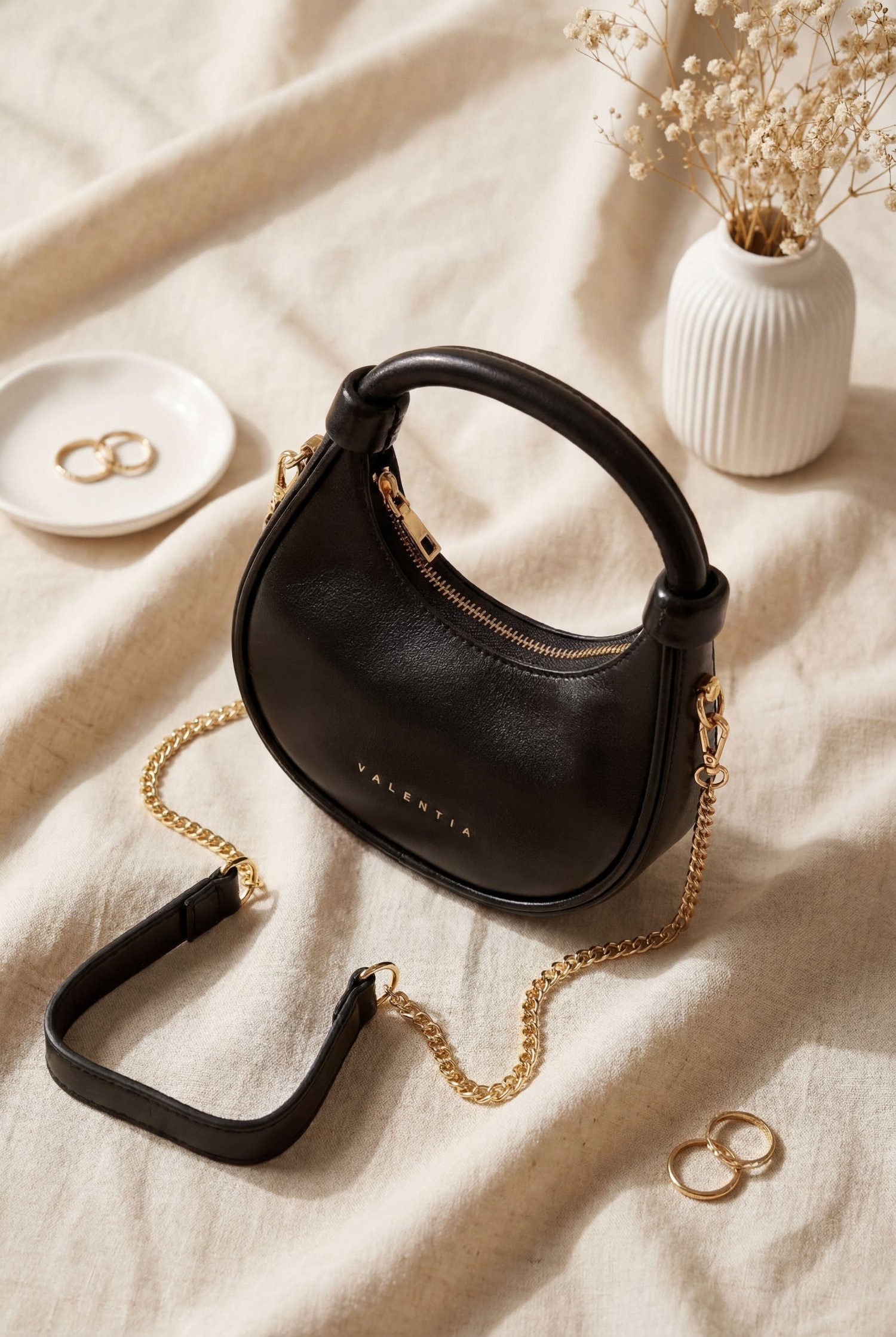 Modern Tasarım Boğumlu Saplı Askılı Mini Hobo Çanta -Siyah