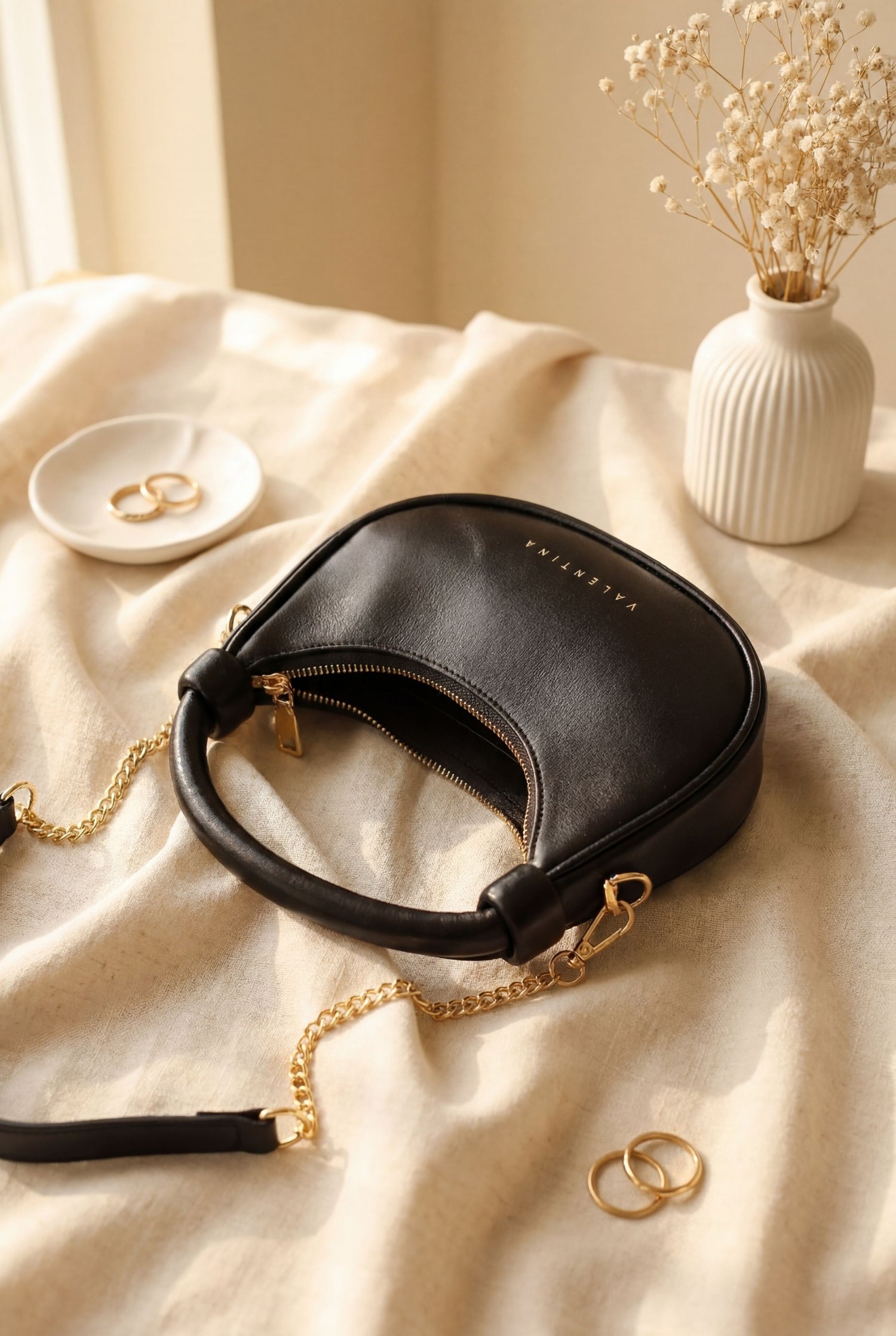 Modern Tasarım Boğumlu Saplı Askılı Mini Hobo Çanta -Siyah