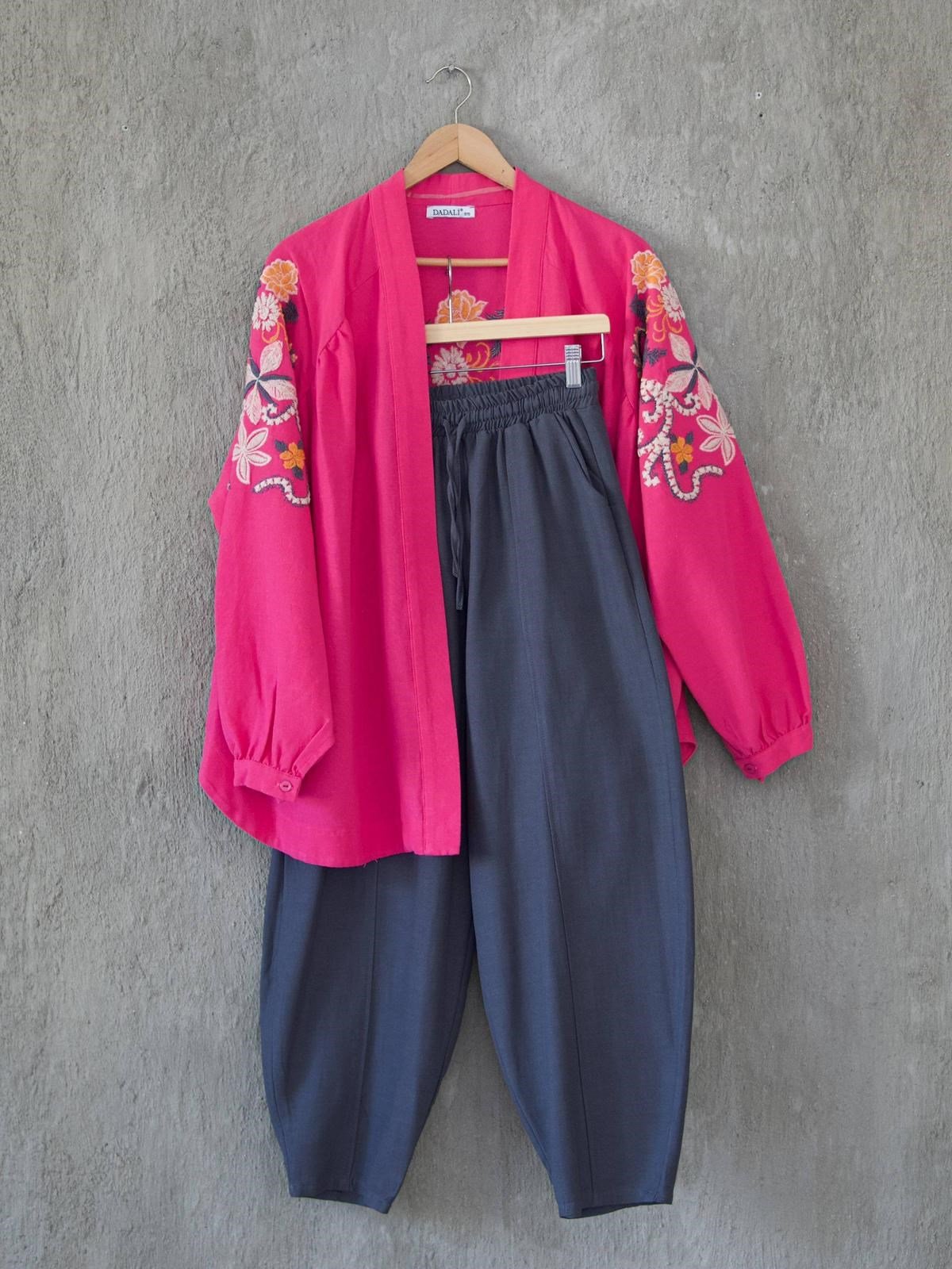 Nakış Desenli Keten Bohem Kimono- Fuşya