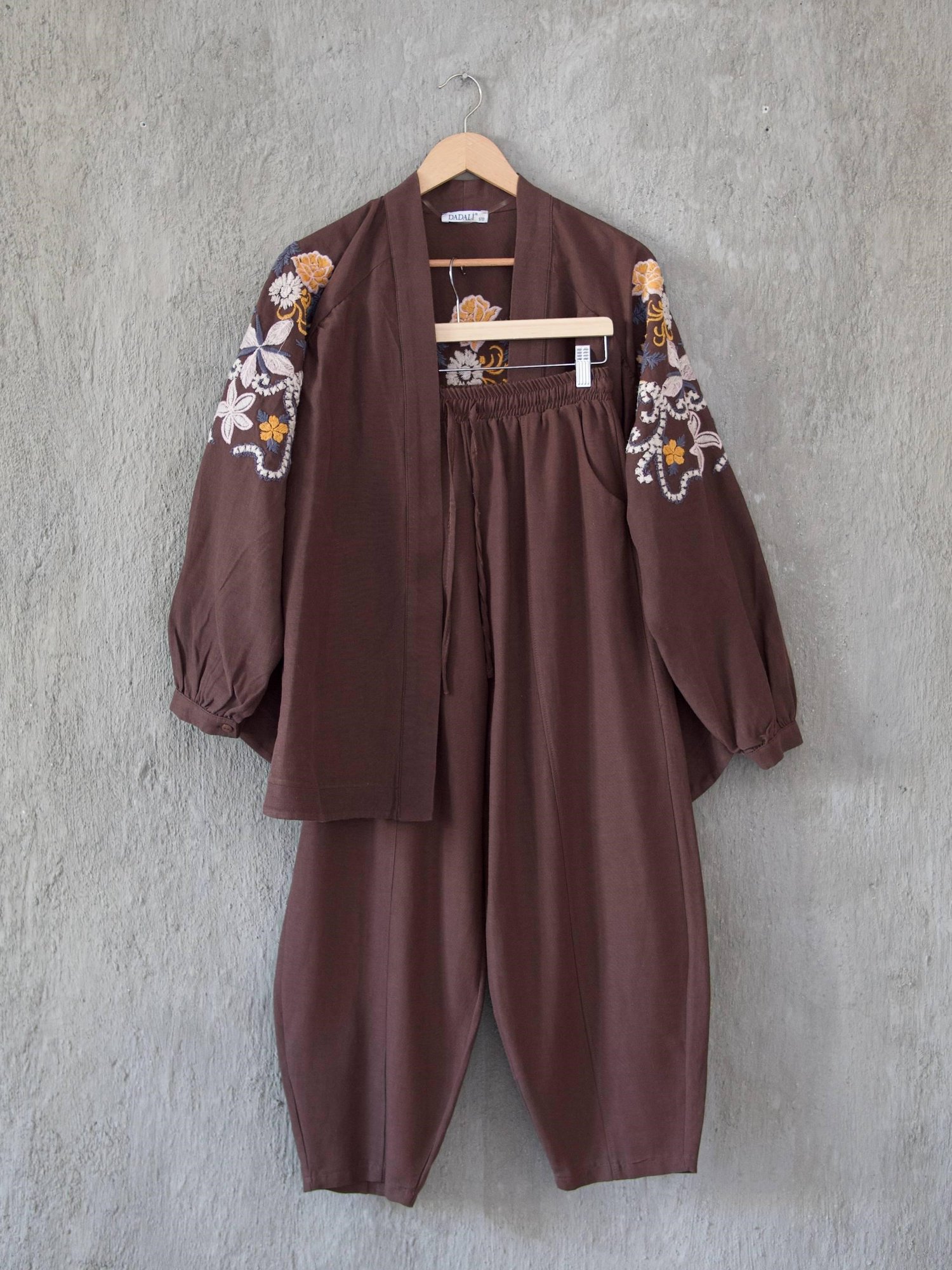 Nakış Desenli Keten Bohem Kimono- Kahve